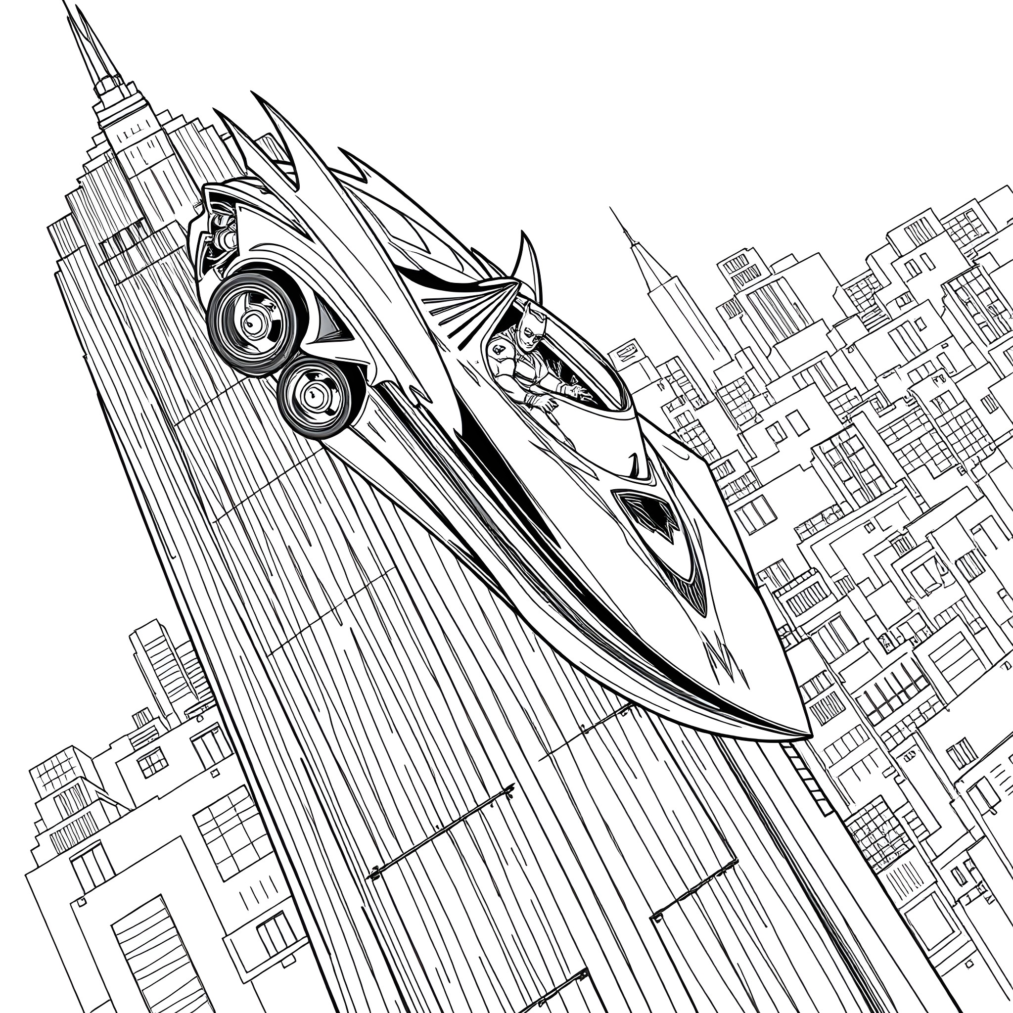 Batmobile soaring through the skyscrapers of Gotham City Coloring Page (free black-and-white line drawing printable PDF for all, from beginners to advanced learners, including children, teens, adults, and seniors)
