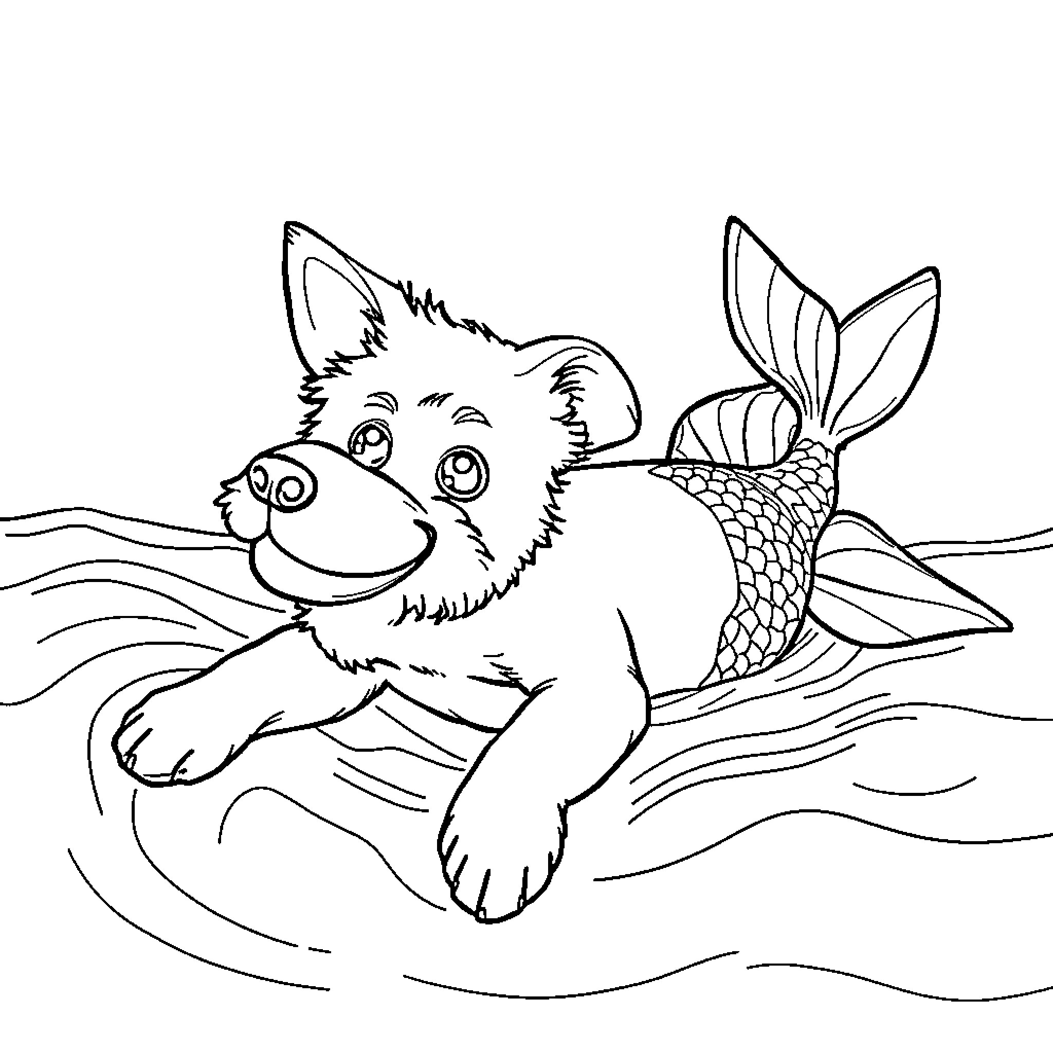 Mermaid Dog swimming playfully in the ocean Coloring Page (free black-and-white line drawing printable PDF for all, from beginners to advanced learners, including children, teens, adults, and seniors)
