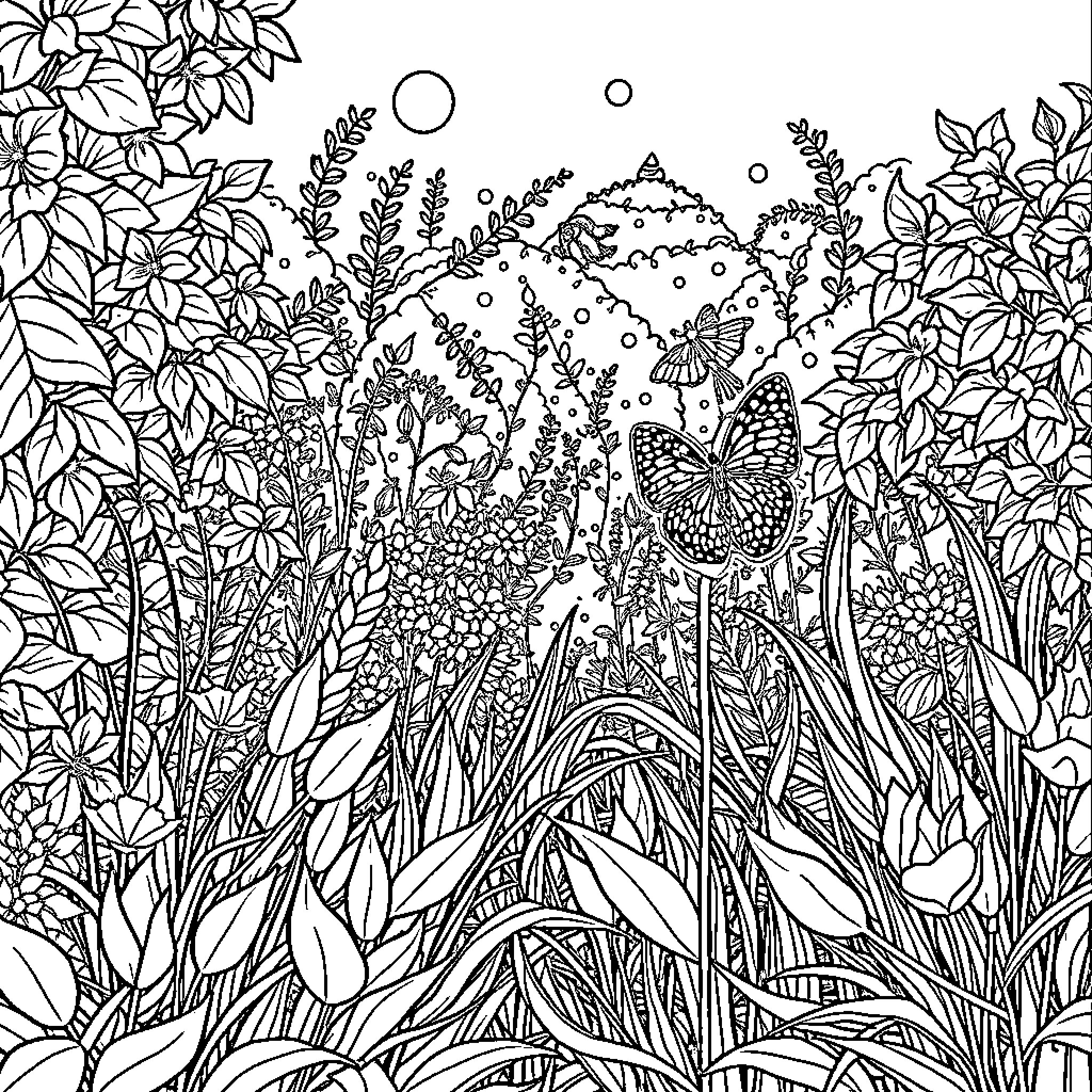 Lawn Mower Navigating Through Lush Floral Landscape Coloring Page (free black-and-white line drawing printable PDF for all, from beginners to advanced learners, including children, teens, adults, and seniors)