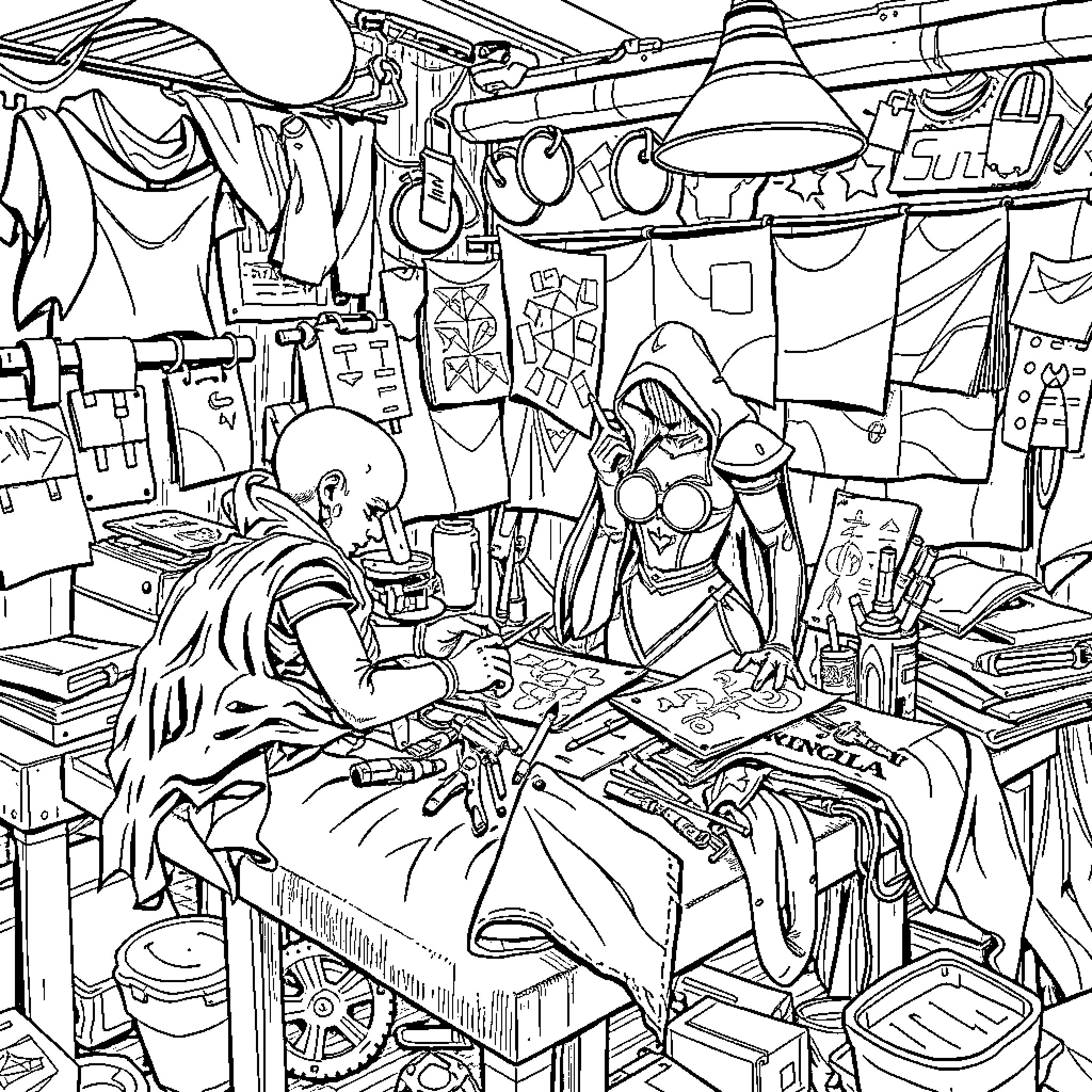Cosplayers crafting intricate costumes in a cluttered workshop Coloring Page (free black-and-white line drawing printable PDF for all, from beginners to advanced learners, including children, teens, adults, and seniors)