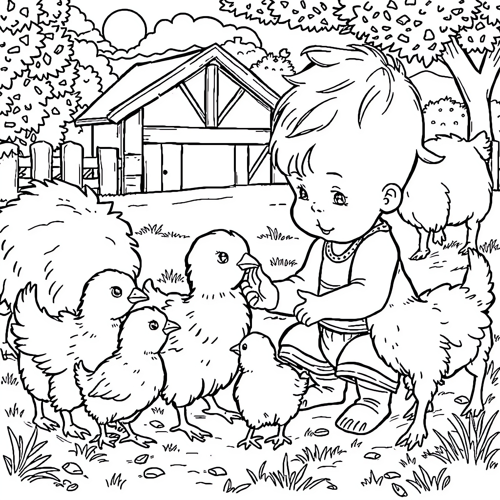 Baby feeding cute baby chicks in the farmyard Coloring Page (free black-and-white line drawing printable PDF for all, from beginners to advanced learners, including children, teens, adults, and seniors)