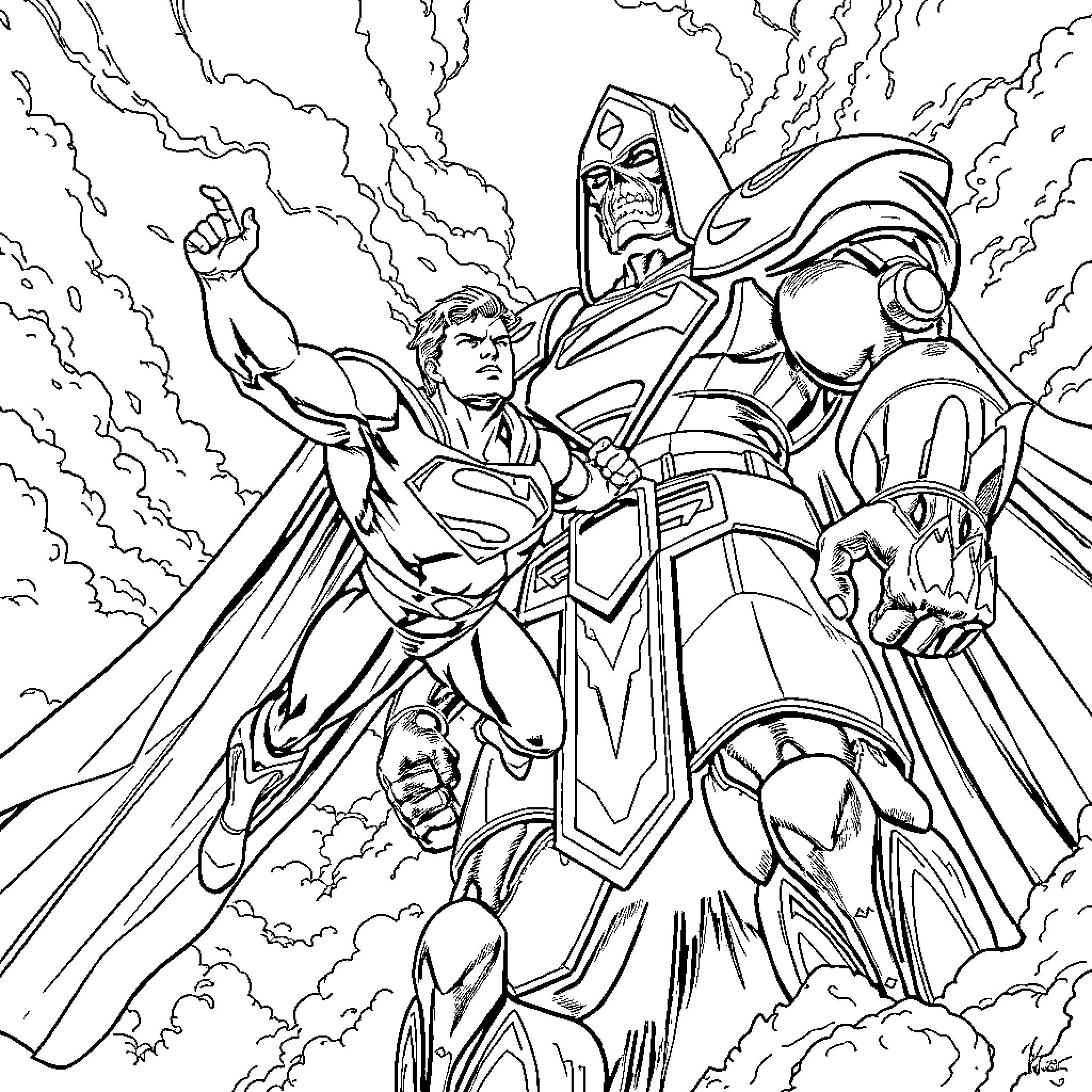Superman faces off against mighty villain Coloring Page (free black-and-white line drawing printable PDF for all, from beginners to advanced learners, including children, teens, adults, and seniors)