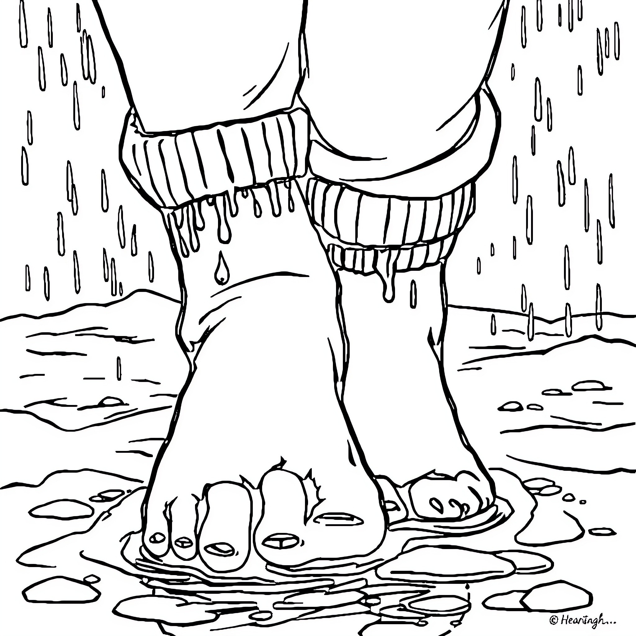 Sock creature's wet and rainy journey Coloring Page (free black-and-white line drawing printable PDF for all, from beginners to advanced learners, including children, teens, adults, and seniors)