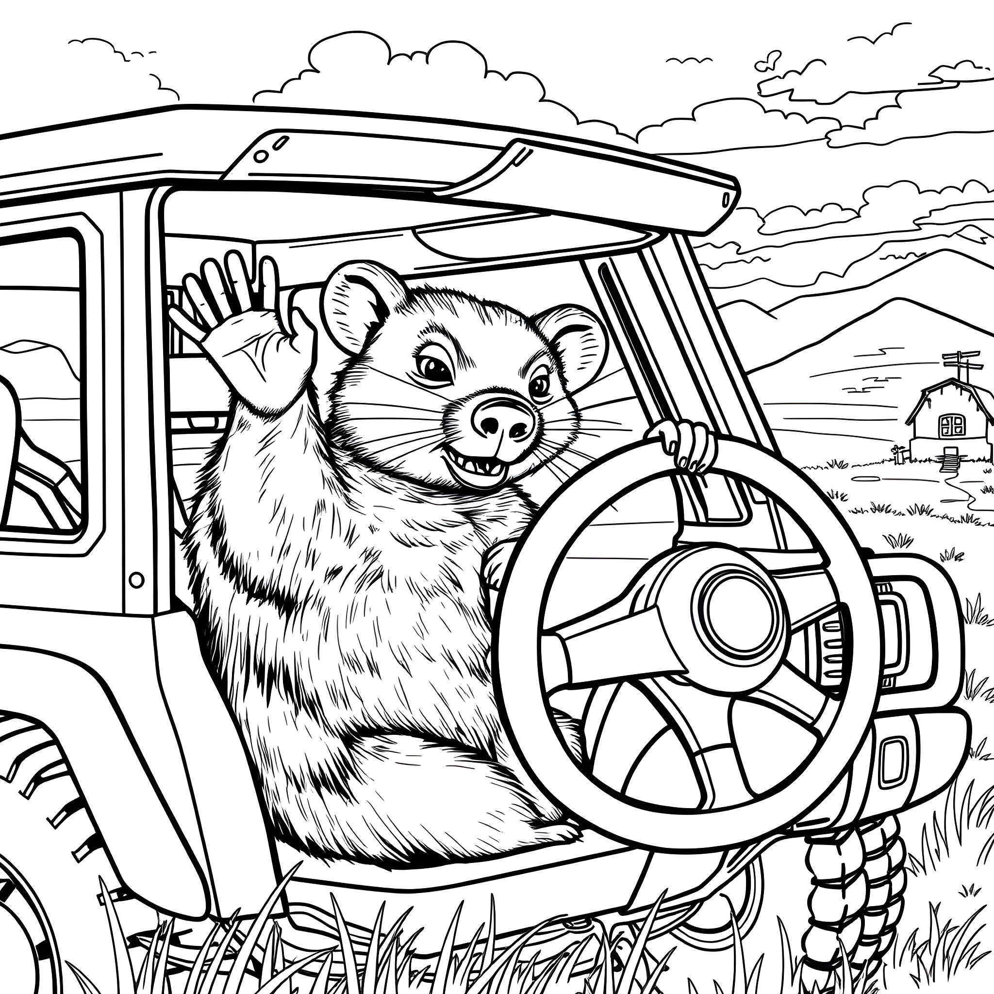 Wombat driving a jeep in the wilderness Coloring Page (free black-and-white line drawing printable PDF for all, from beginners to advanced learners, including children, teens, adults, and seniors)