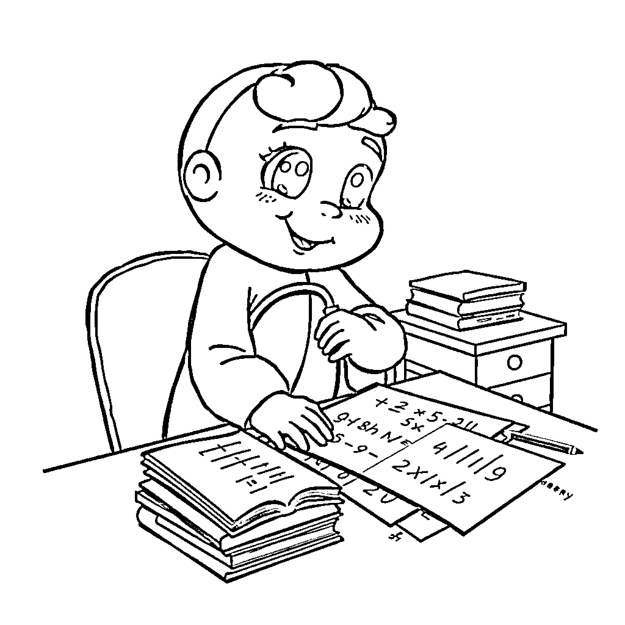 Cinnamon Roll Studious Child Doing Homework Coloring Page (free black-and-white line drawing printable PDF for all, from beginners to advanced learners, including children, teens, adults, and seniors)
