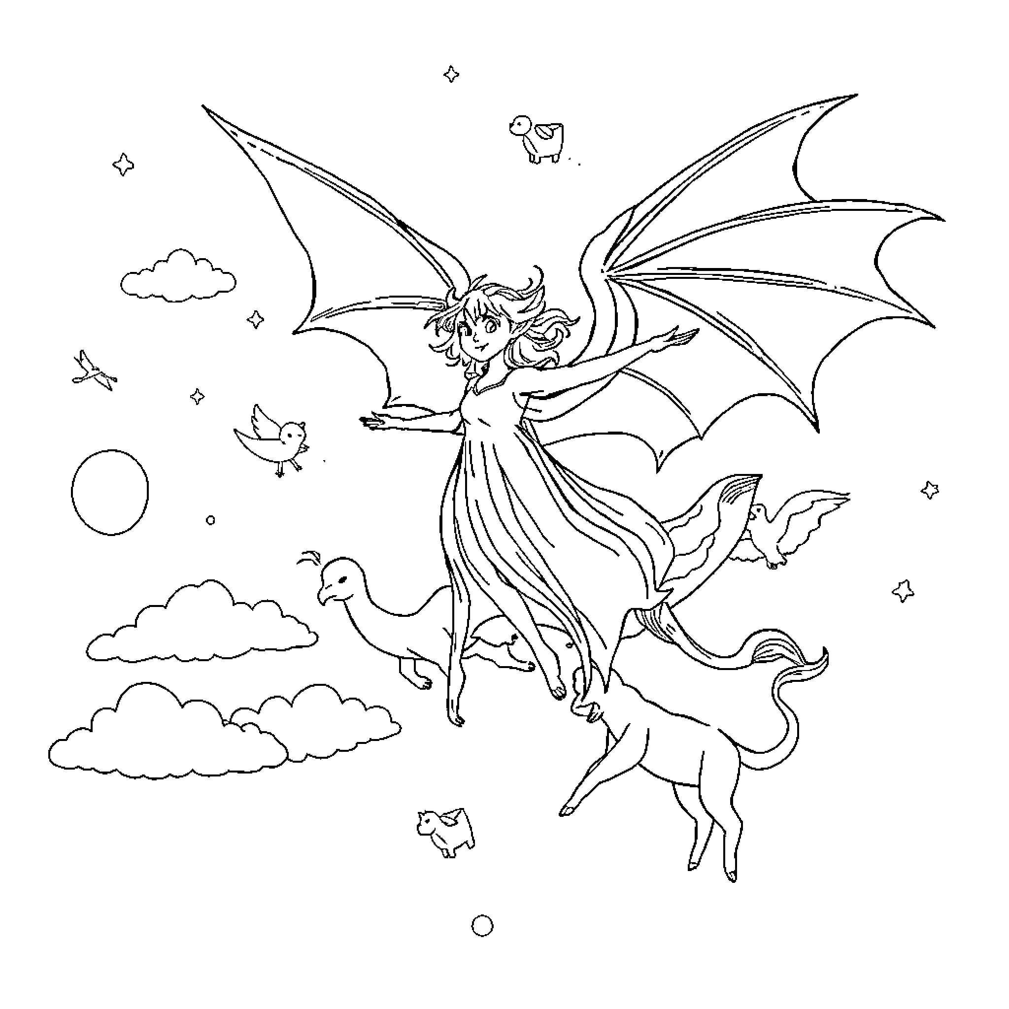 Sorceress flying gracefully with fantastical creatures Coloring Page (free black-and-white line drawing printable PDF for all, from beginners to advanced learners, including children, teens, adults, and seniors)
