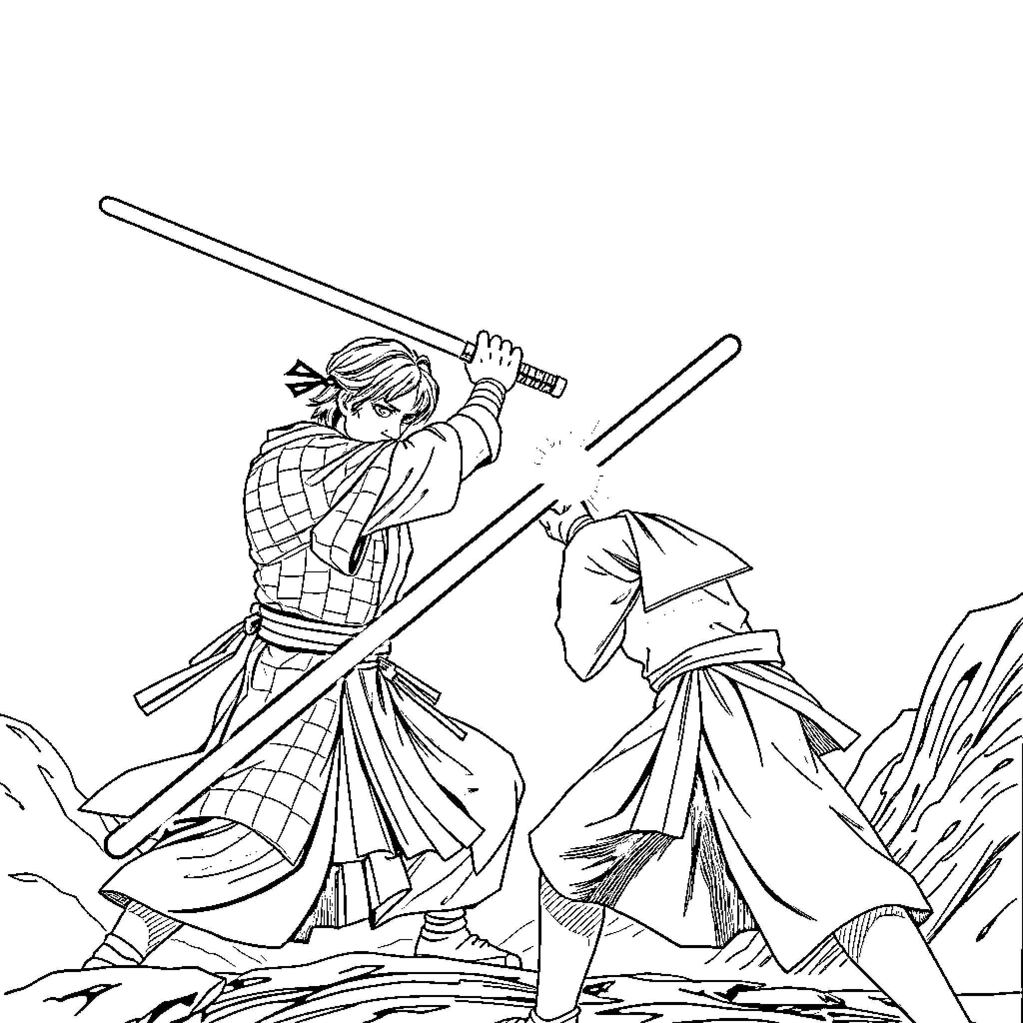 Tanjiro's Samurai Showdown on the Mountainside Coloring Page (free black-and-white line drawing printable PDF for all, from beginners to advanced learners, including children, teens, adults, and seniors)