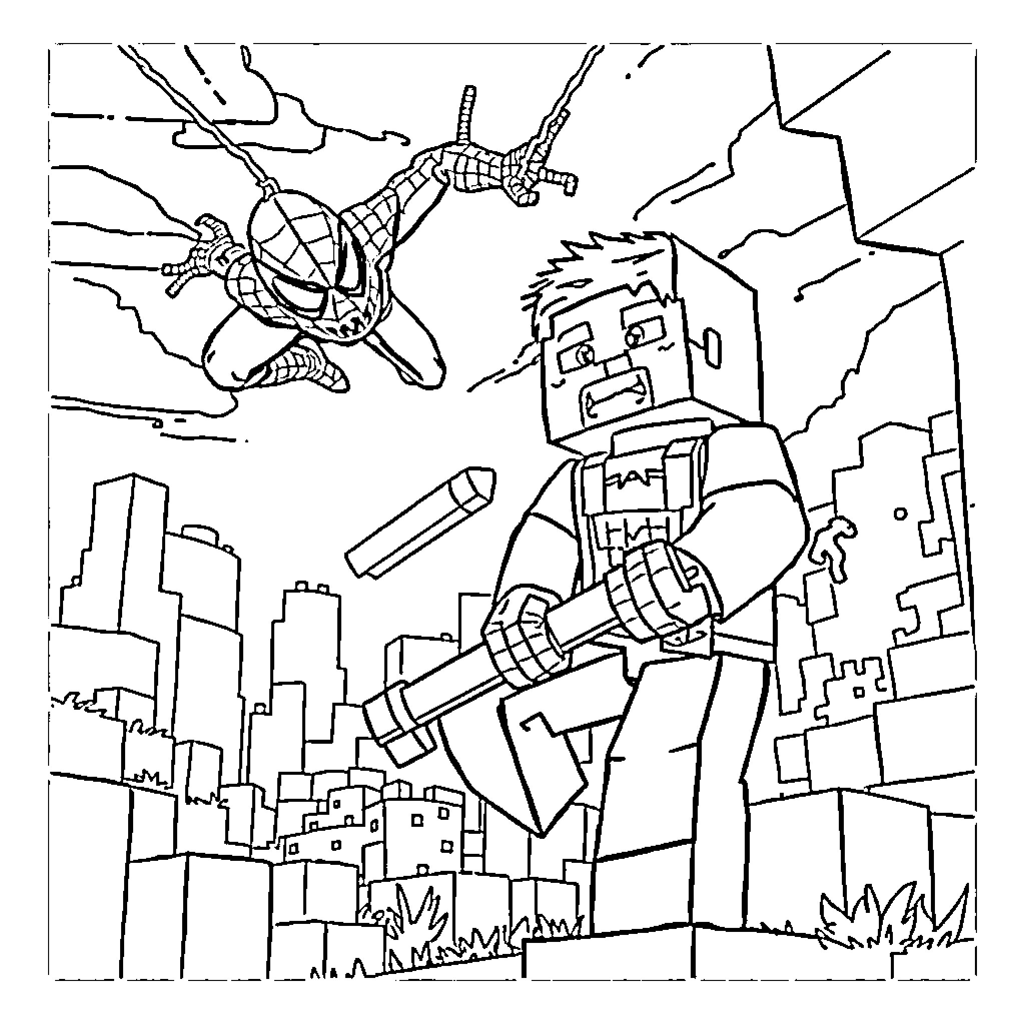 Spiderman swinging through the city with robot character Coloring Page (free black-and-white line drawing printable PDF for all, from beginners to advanced learners, including children, teens, adults, and seniors)