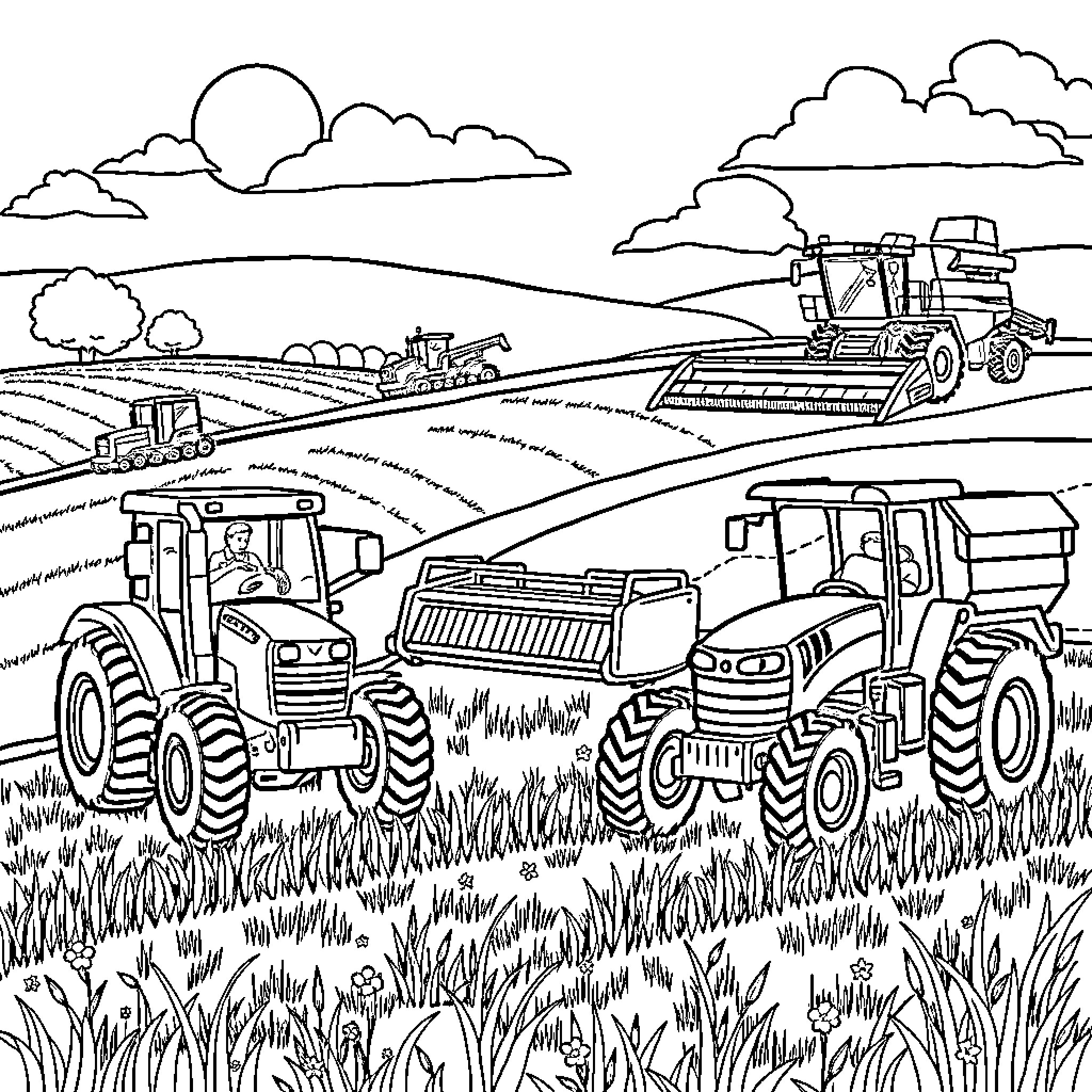 Tractor vehicles working in the agricultural field Coloring Page (free black-and-white line drawing printable PDF for all, from beginners to advanced learners, including children, teens, adults, and seniors)