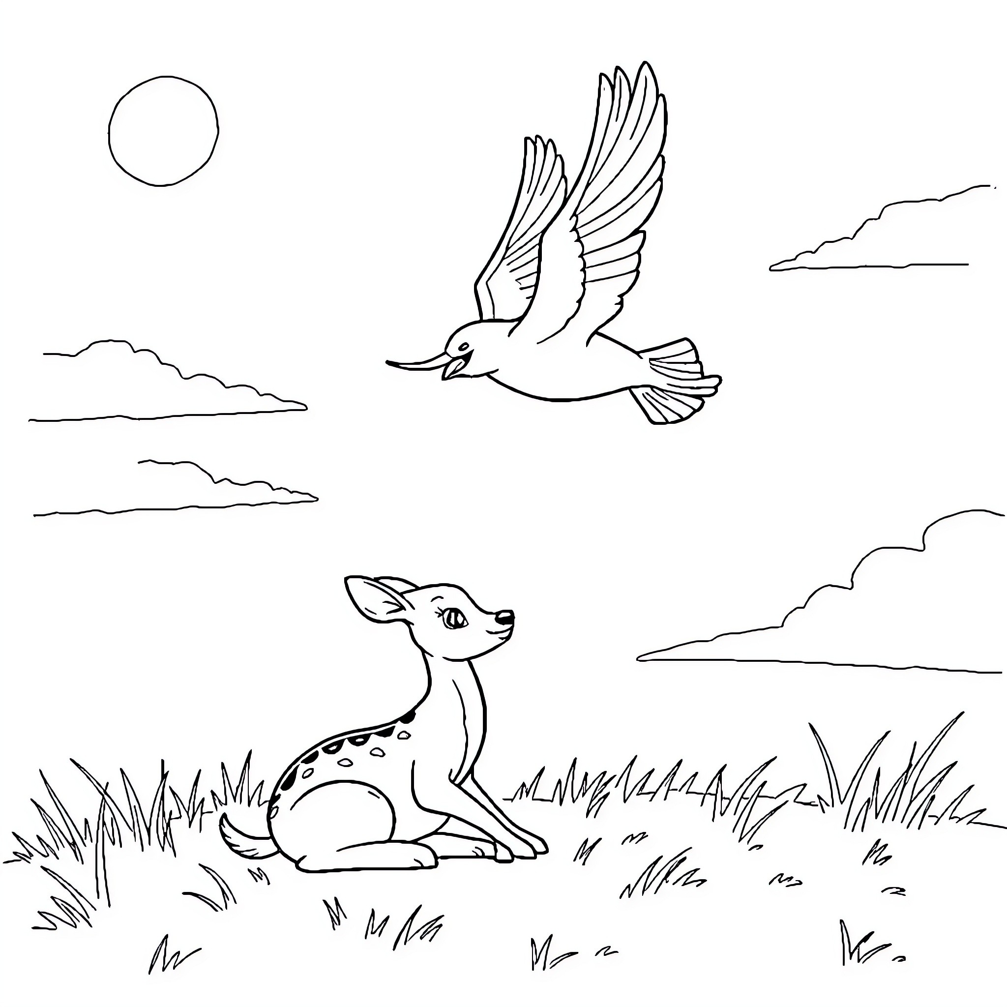 Tails of a bird and a deer in nature Coloring Page (free black-and-white line drawing printable PDF for all, from beginners to advanced learners, including children, teens, adults, and seniors)