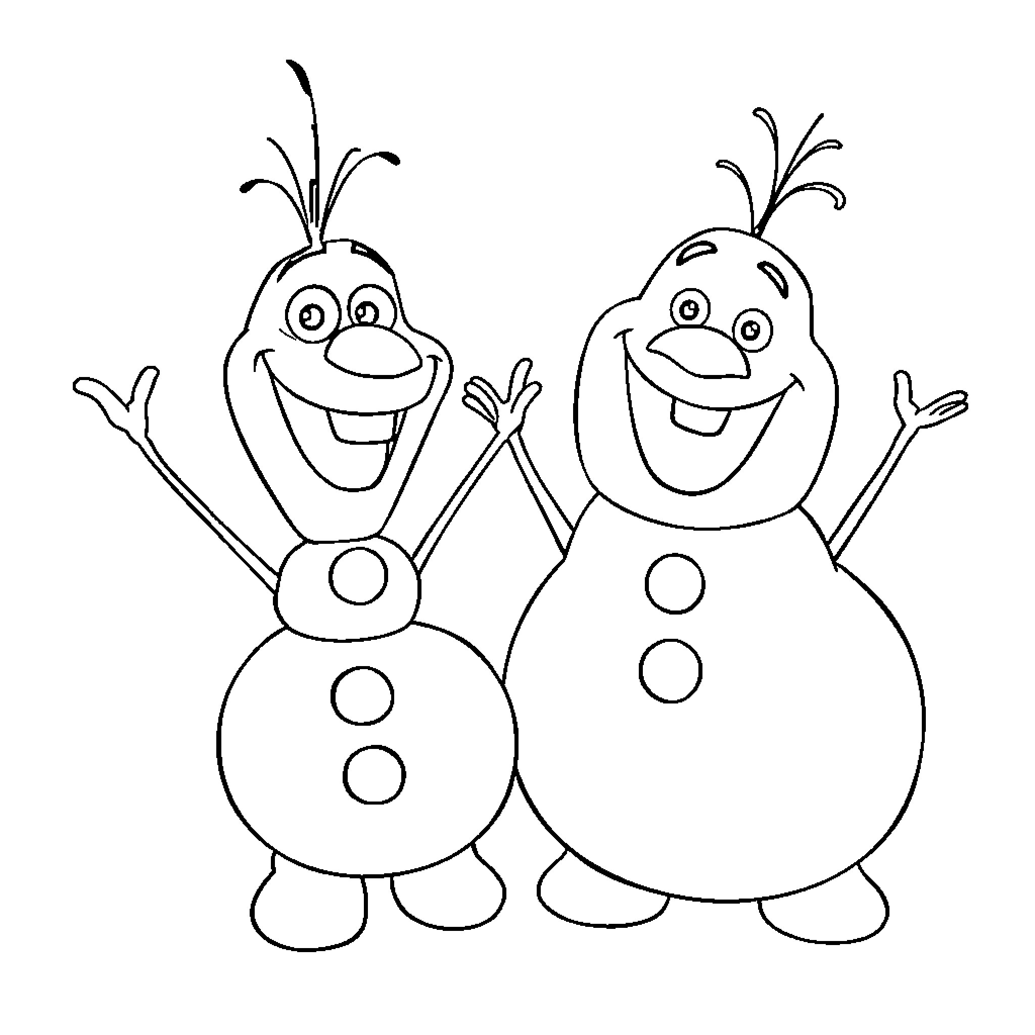 Olaf playing happily with his snowman friend Coloring Page (free black-and-white line drawing printable PDF for all, from beginners to advanced learners, including children, teens, adults, and seniors)