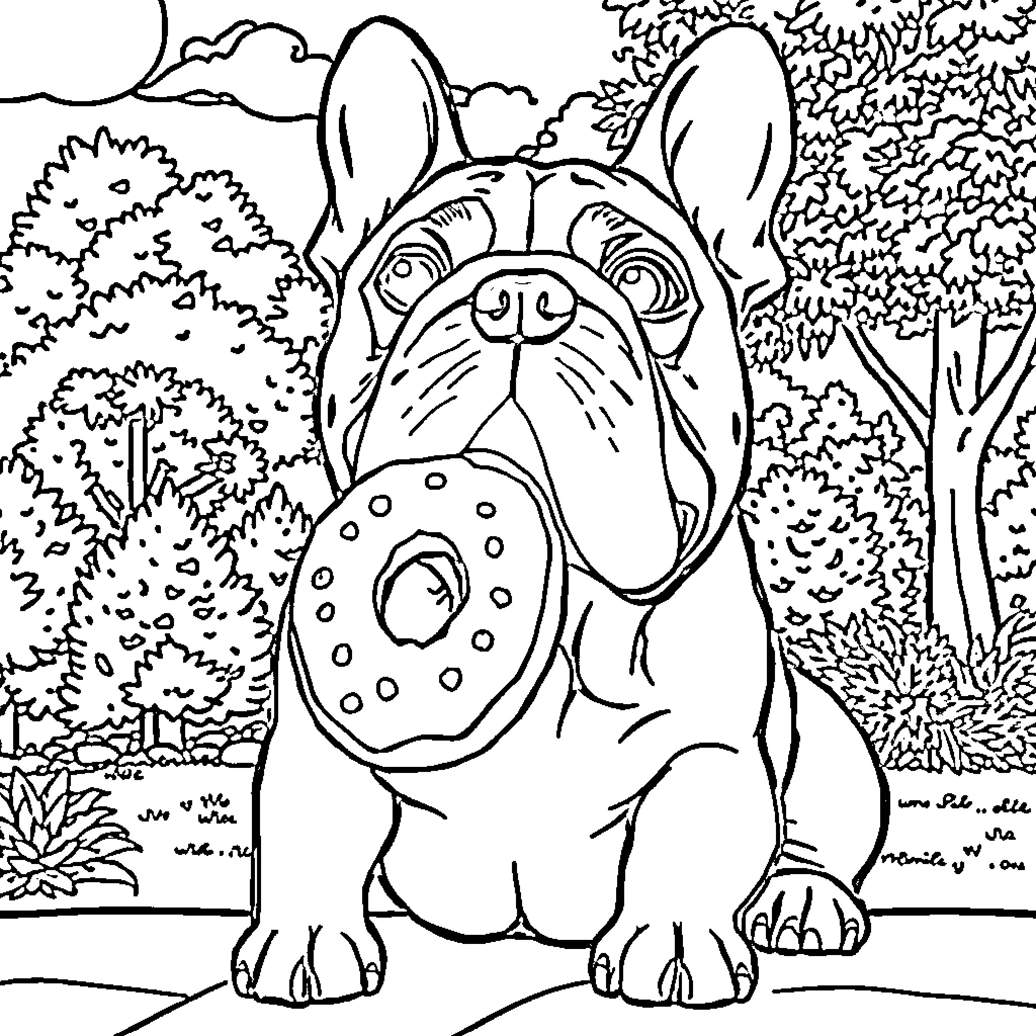 Bulldog with Playful Expression in Outdoor Landscape Coloring Page (free black-and-white line drawing printable PDF for all, from beginners to advanced learners, including children, teens, adults, and seniors)