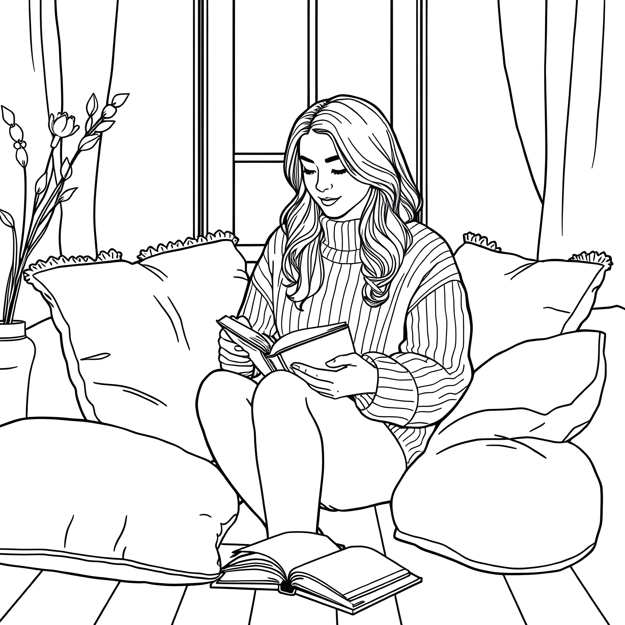 Woman reading books contentedly on the couch Coloring Page (free black-and-white line drawing printable PDF for all, from beginners to advanced learners, including children, teens, adults, and seniors)