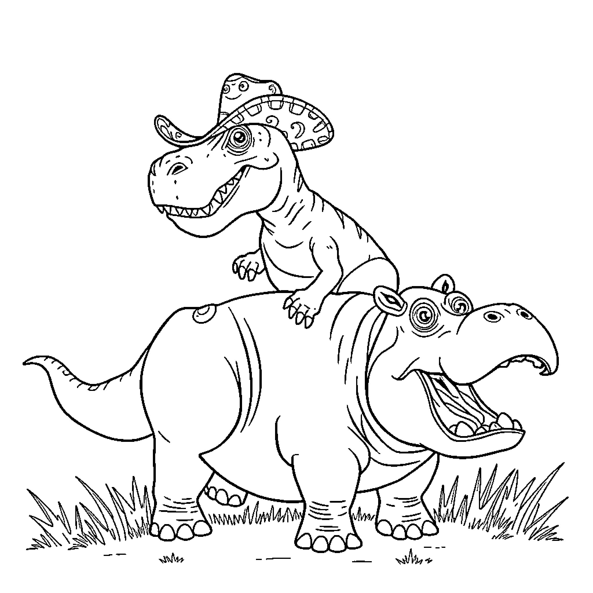 T-Rex cowboys riding dinosaurs in the wild Coloring Page (free black-and-white line drawing printable PDF for all, from beginners to advanced learners, including children, teens, adults, and seniors)
