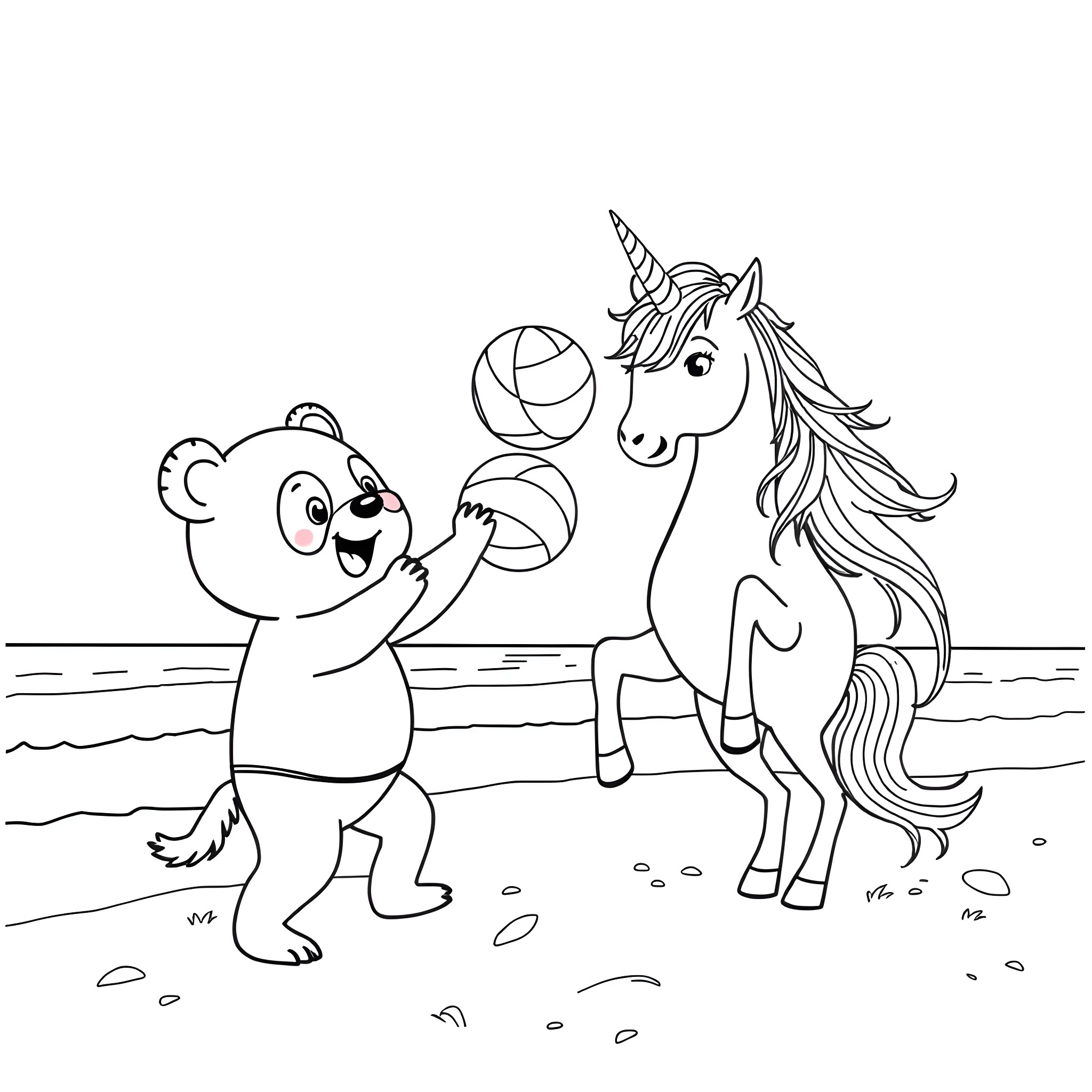 Panda and Unicorn Playing with Ball on the Beach Coloring Page (free black-and-white line drawing printable PDF for all, from beginners to advanced learners, including children, teens, adults, and seniors)