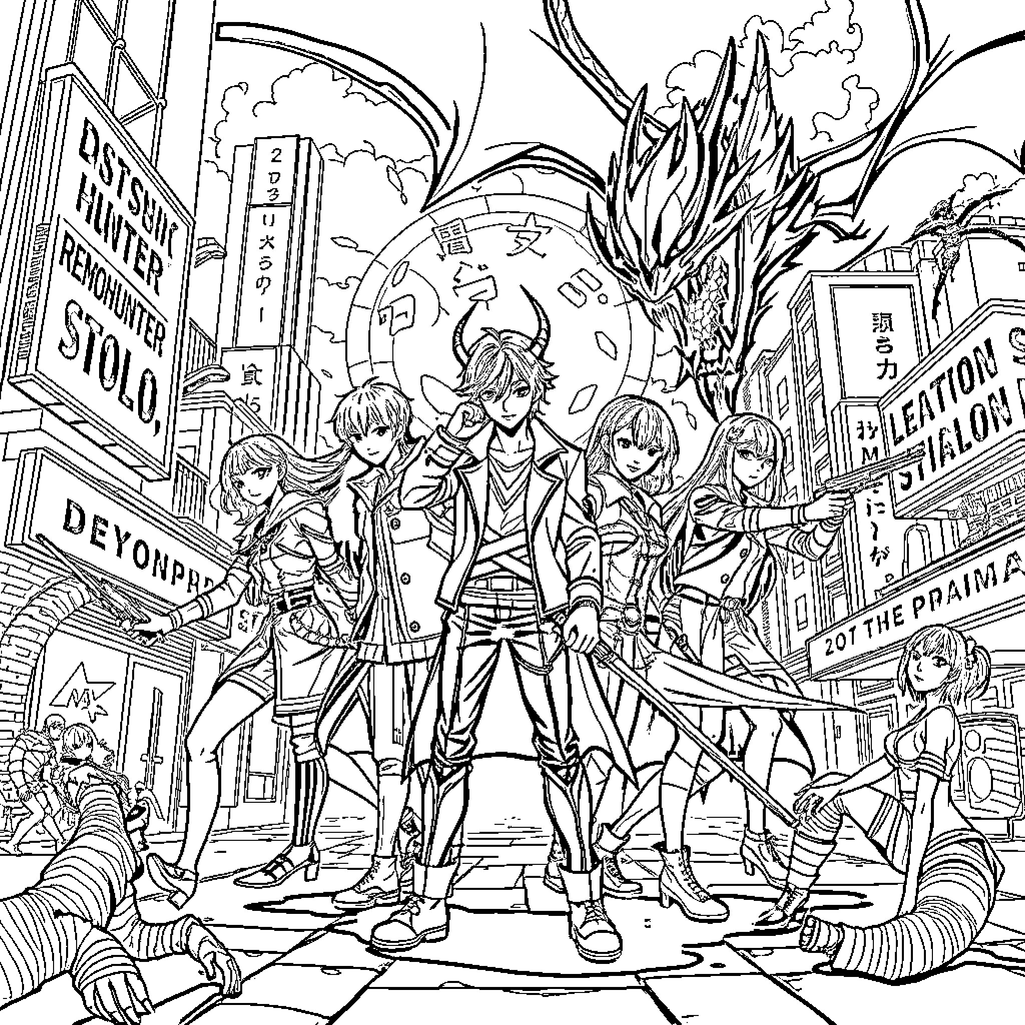 Demon Hunter Clash with Fiendish Forces in Urban Chaos Coloring Page (free black-and-white line drawing printable PDF for all, from beginners to advanced learners, including children, teens, adults, and seniors)