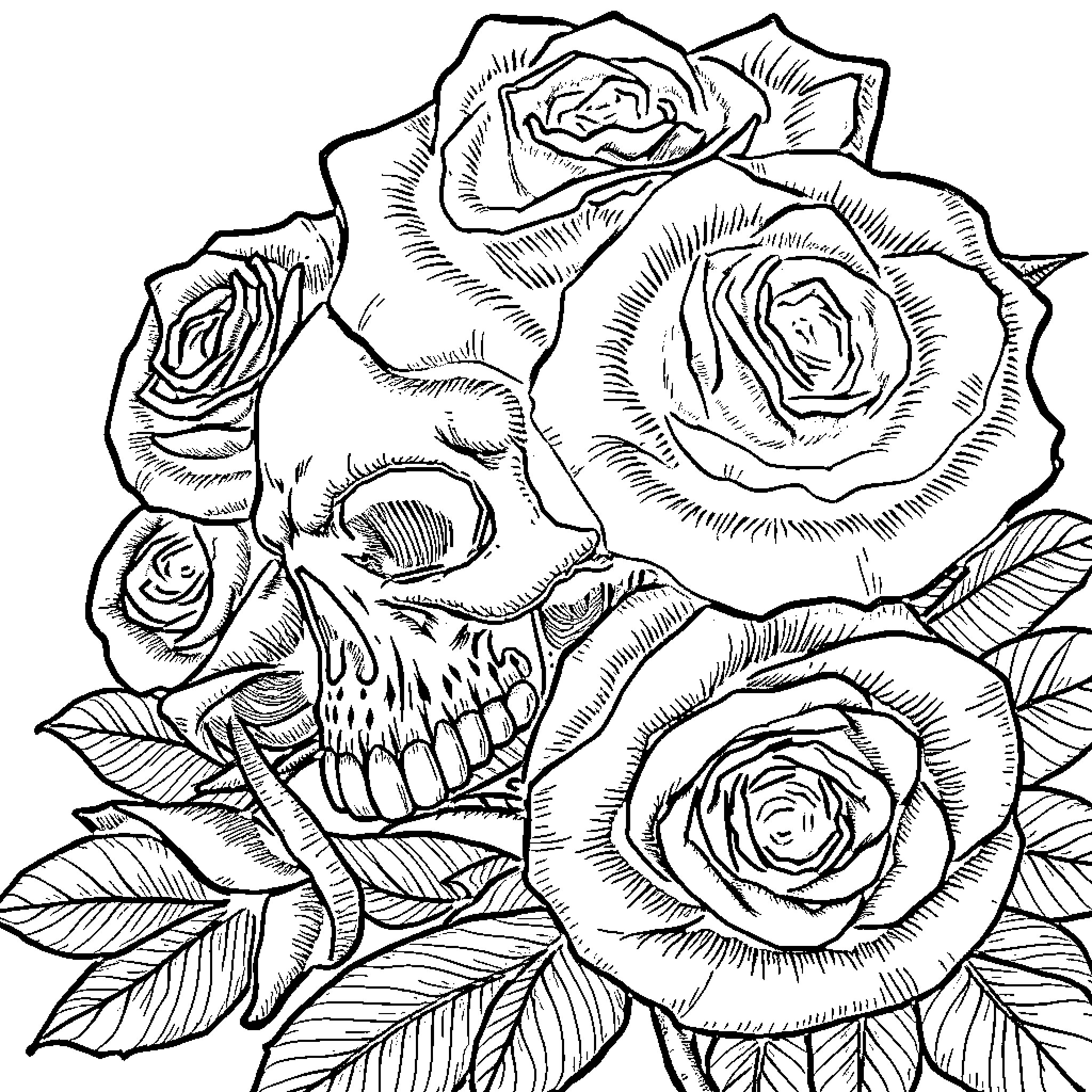 Skull surrounded by intricate rose details Coloring Page (free black-and-white line drawing printable PDF for all, from beginners to advanced learners, including children, teens, adults, and seniors)