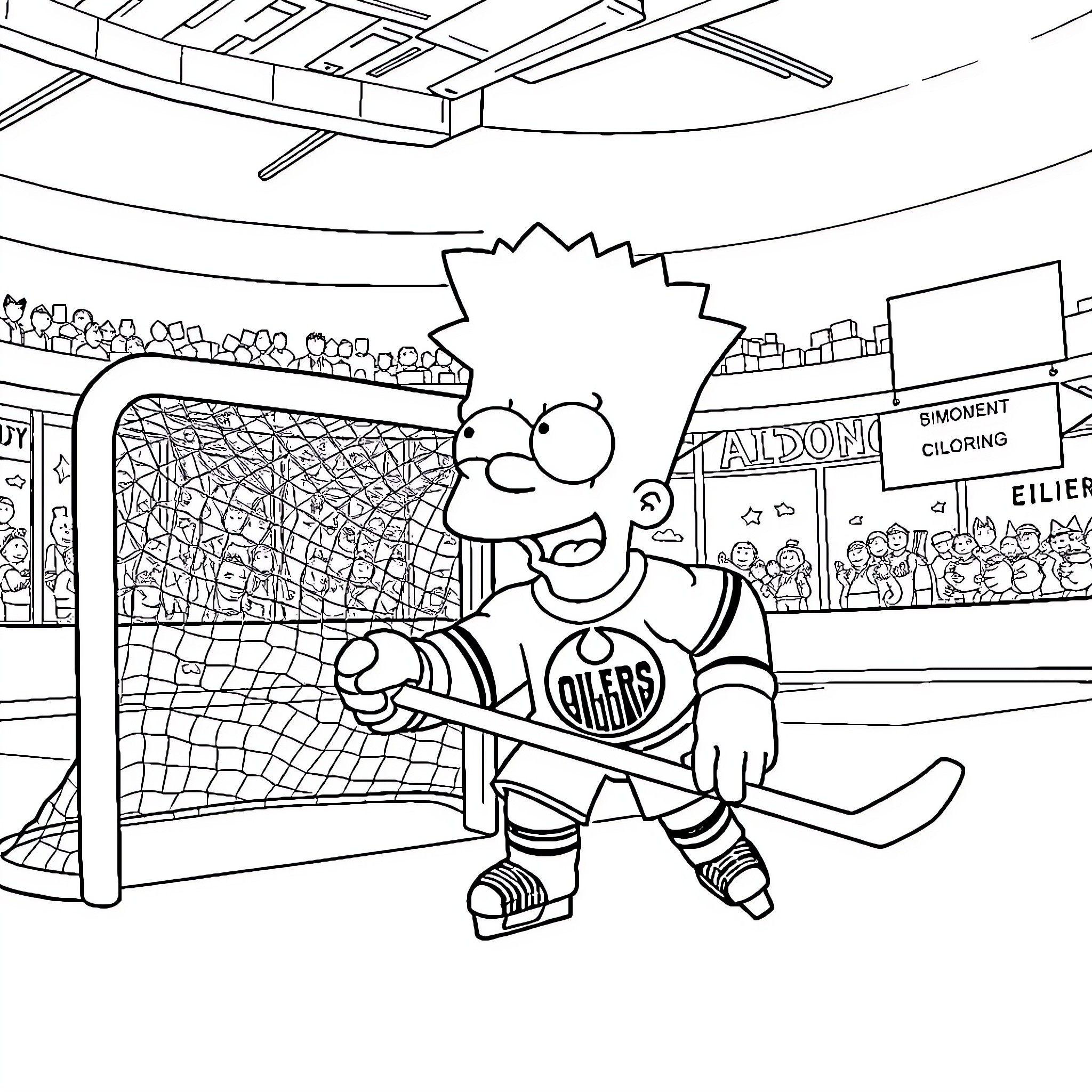 Bart Simpson playing hockey in the arena Coloring Page (free black-and-white line drawing printable PDF for all, from beginners to advanced learners, including children, teens, adults, and seniors)
