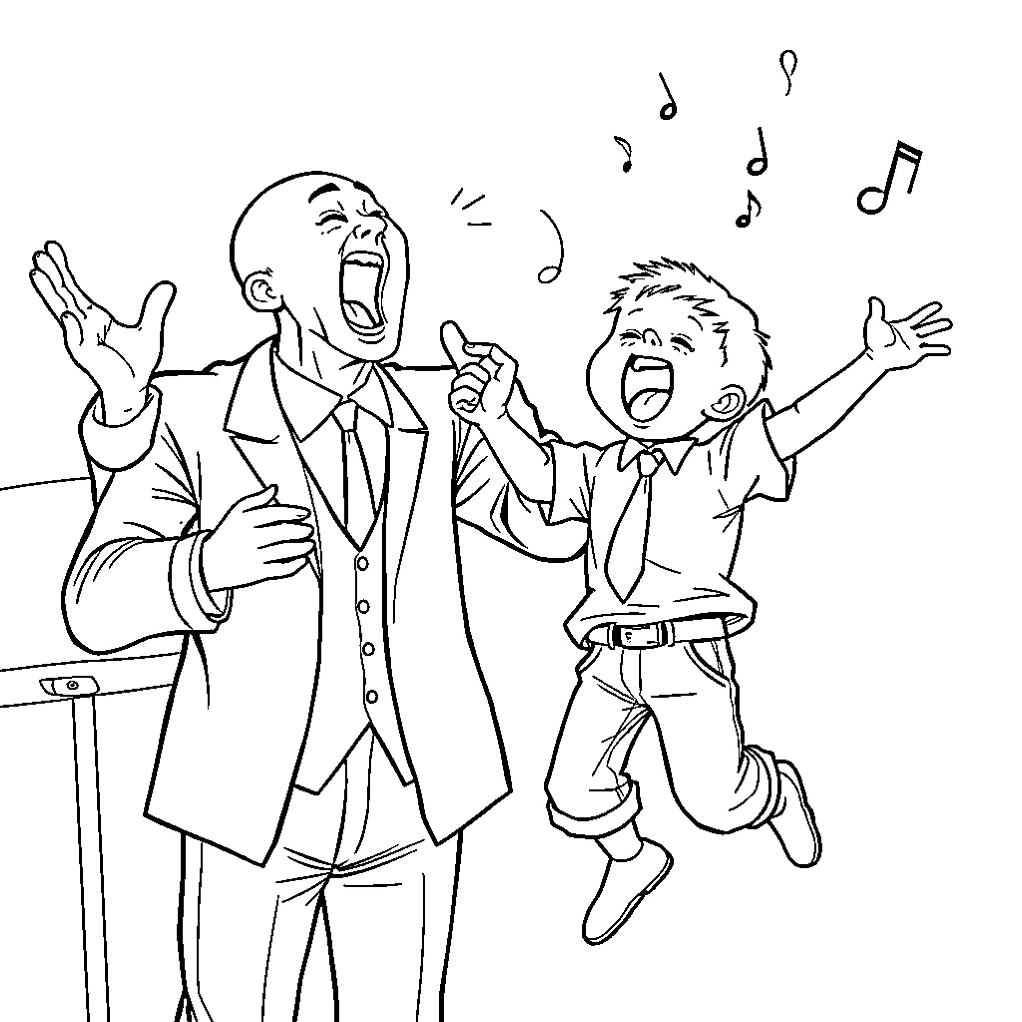 Music Teacher Passionately Instructing Energetic Student Coloring Page (free black-and-white line drawing printable PDF for all, from beginners to advanced learners, including children, teens, adults, and seniors)