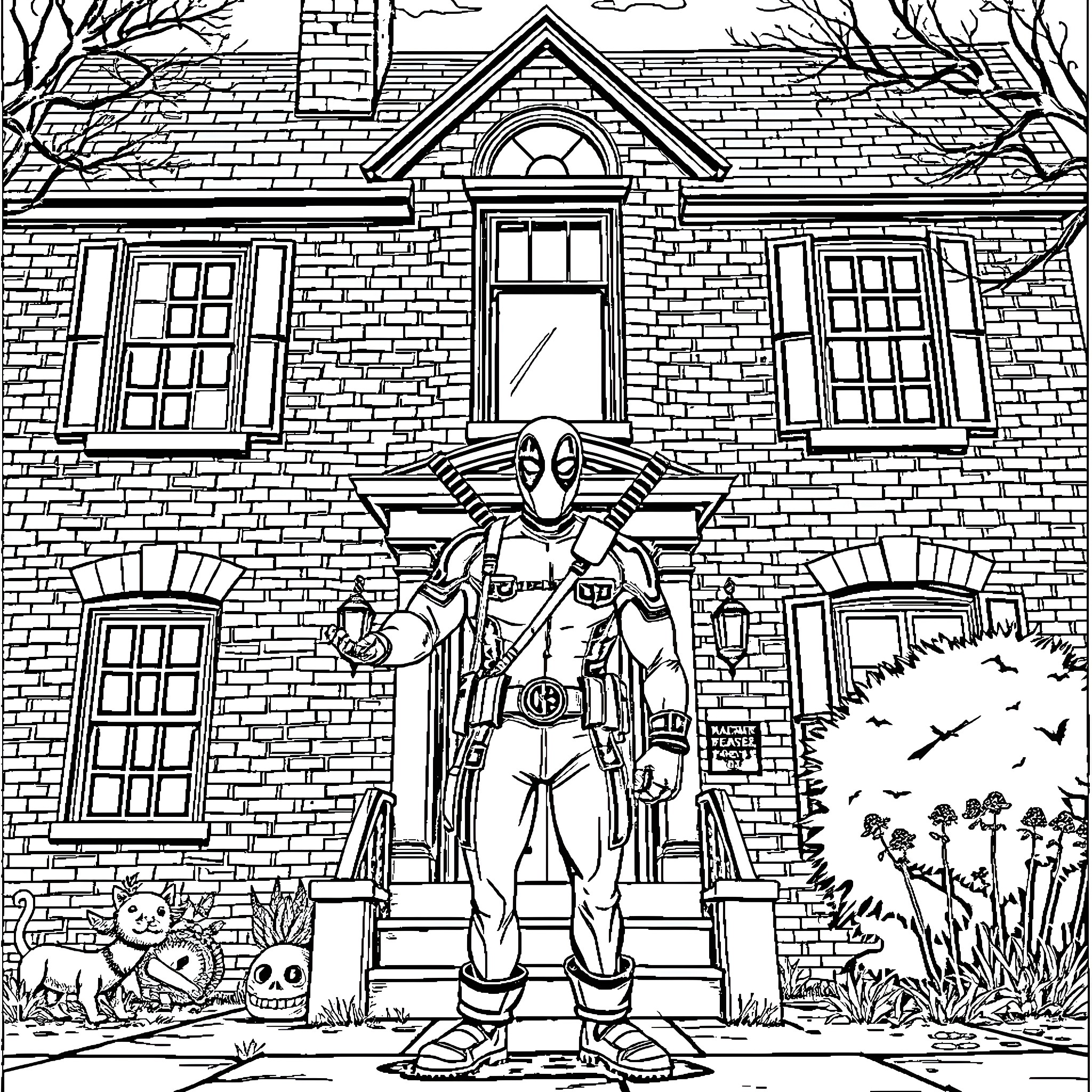 Deadpool's Mischievous Escapades at the Mysterious Mansion Coloring Page (free black-and-white line drawing printable PDF for all, from beginners to advanced learners, including children, teens, adults, and seniors)