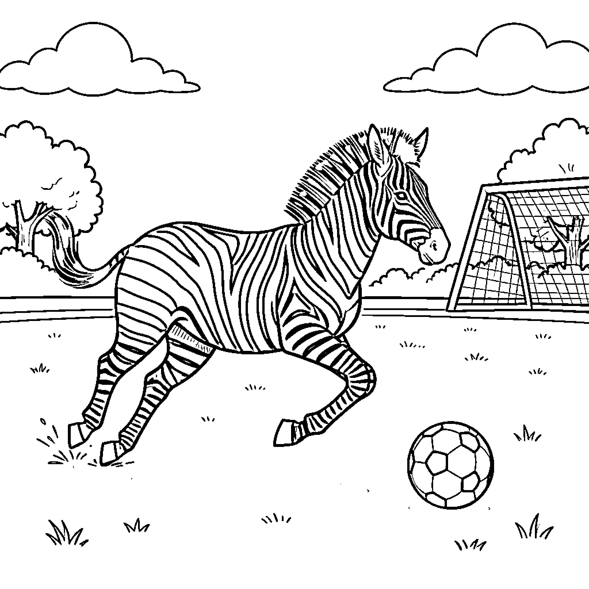 Zebra playing soccer on a field near a goal Coloring Page (free black-and-white line drawing printable PDF for all, from beginners to advanced learners, including children, teens, adults, and seniors)