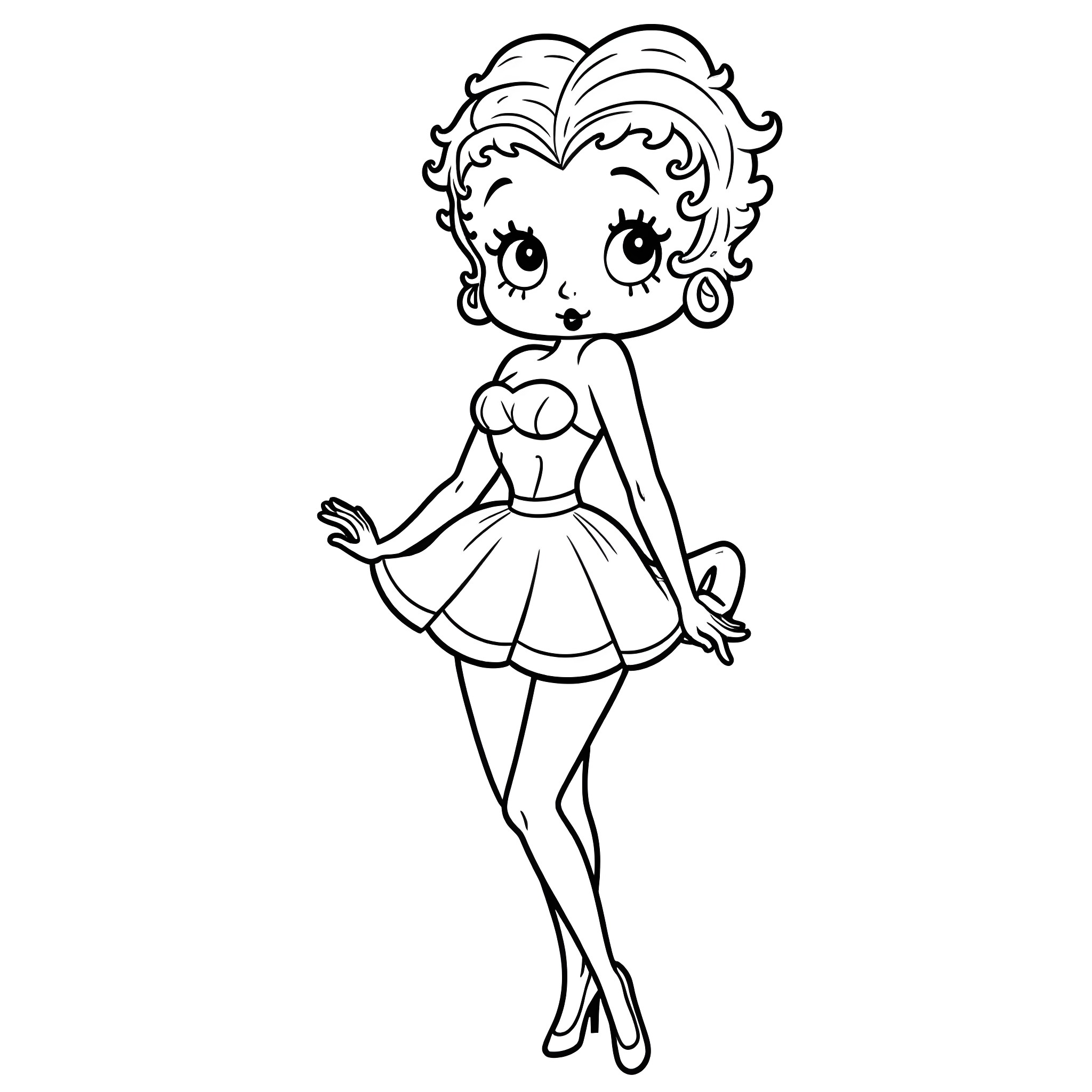 Betty Boop posing in a stylish dress Coloring Page (free black-and-white line drawing printable PDF for all, from beginners to advanced learners, including children, teens, adults, and seniors)
