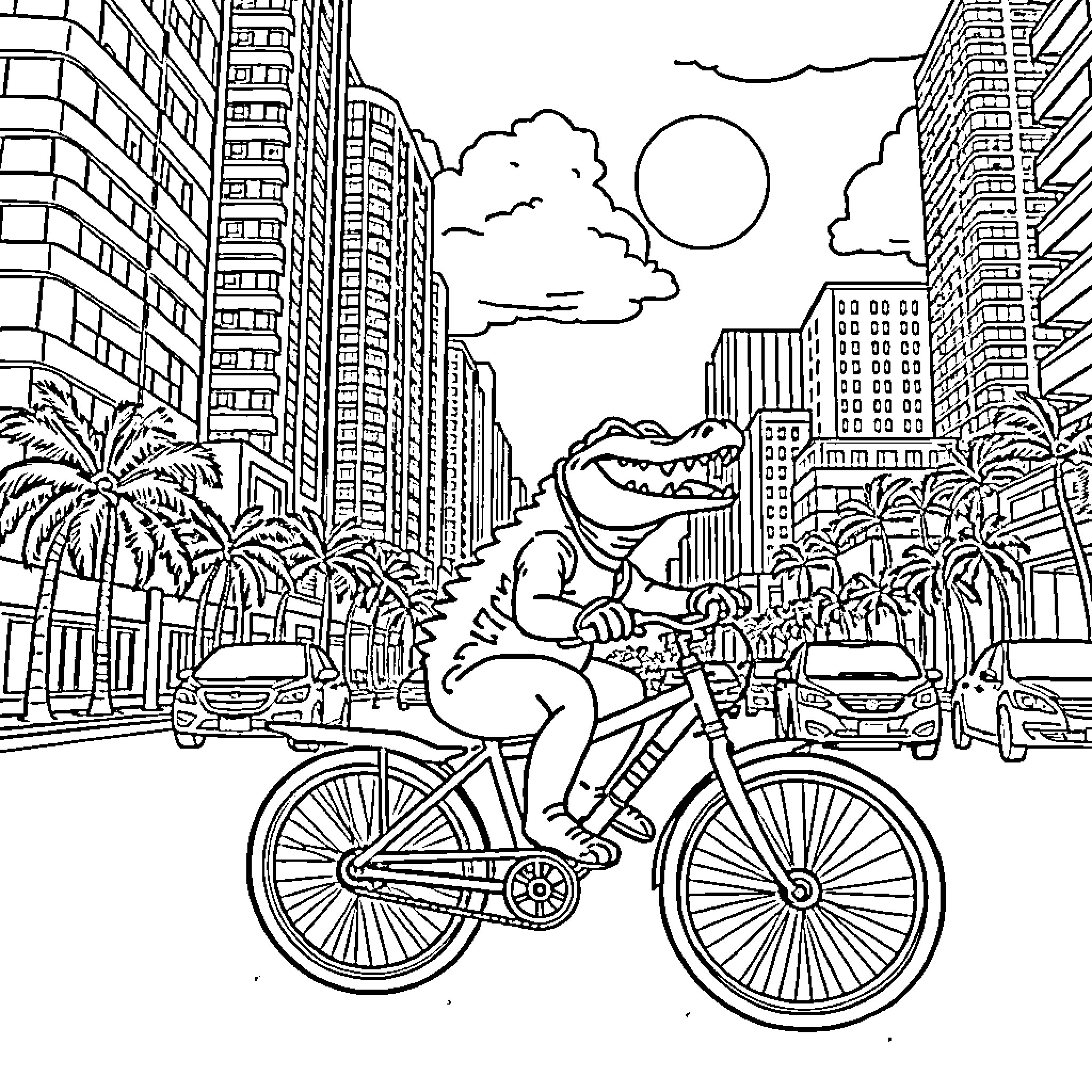 Alligator riding a bicycle through the city Coloring Page (free black-and-white line drawing printable PDF for all, from beginners to advanced learners, including children, teens, adults, and seniors)