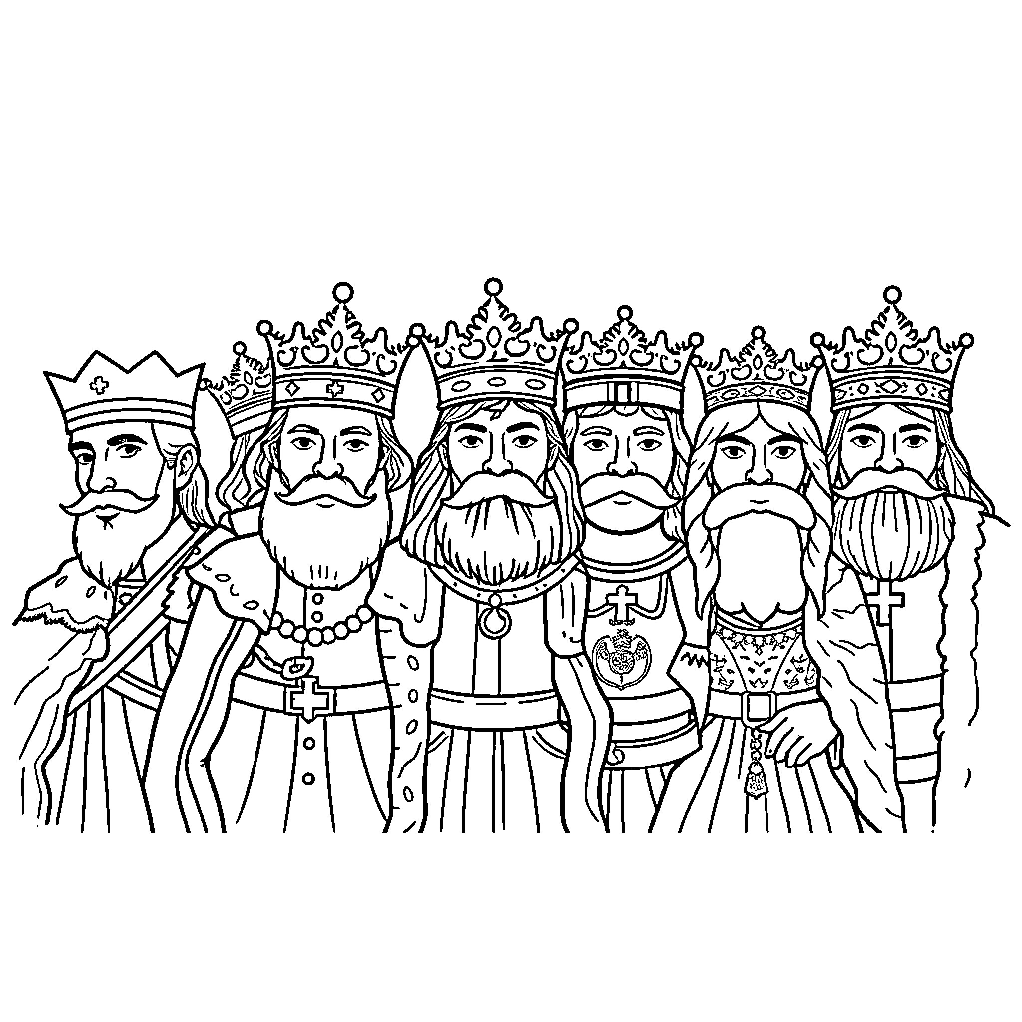 King's Royal Court in Ceremonial Attire Coloring Page (free black-and-white line drawing printable PDF for all, from beginners to advanced learners, including children, teens, adults, and seniors)
