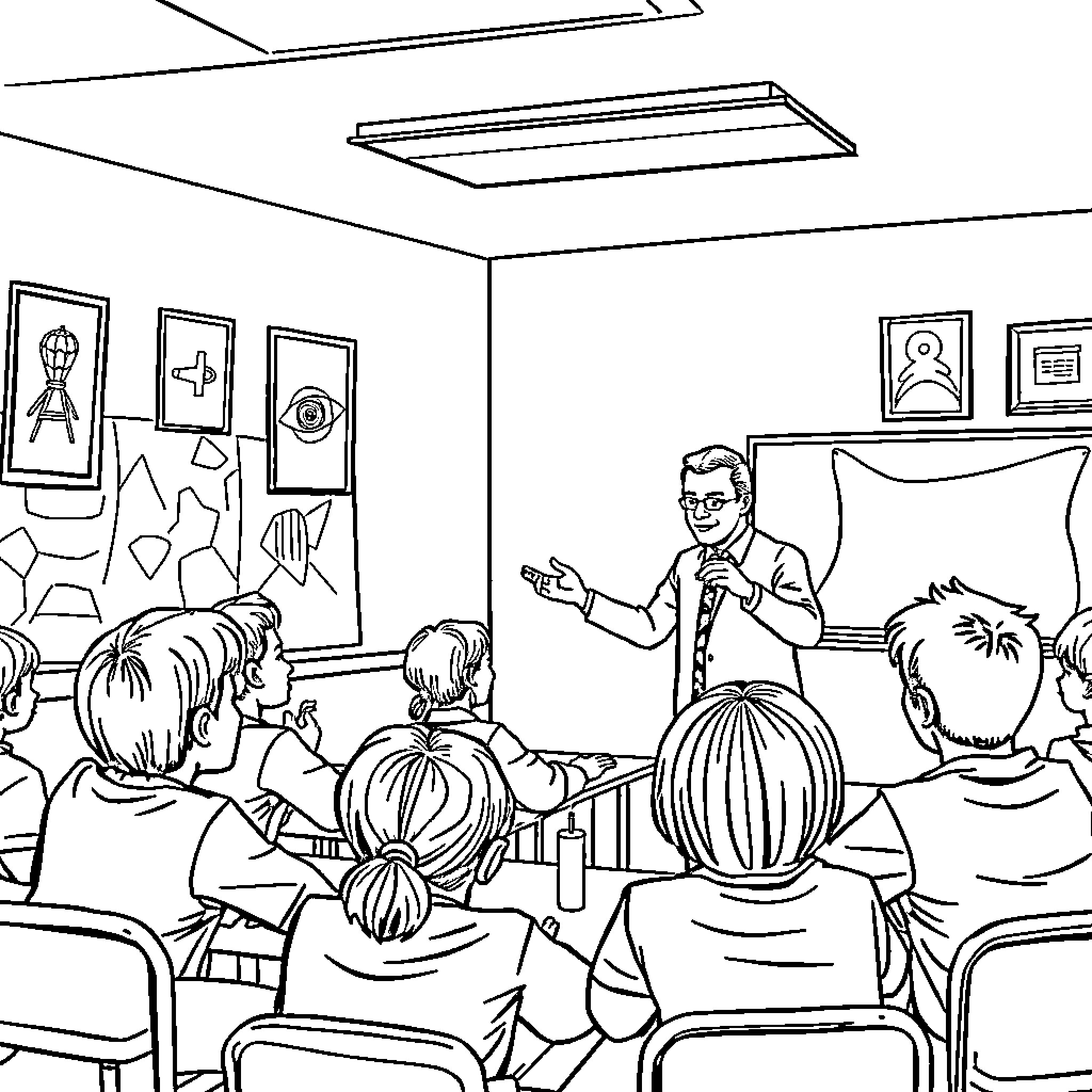 Teacher presenting lesson to attentive students Coloring Page (free black-and-white line drawing printable PDF for all, from beginners to advanced learners, including children, teens, adults, and seniors)