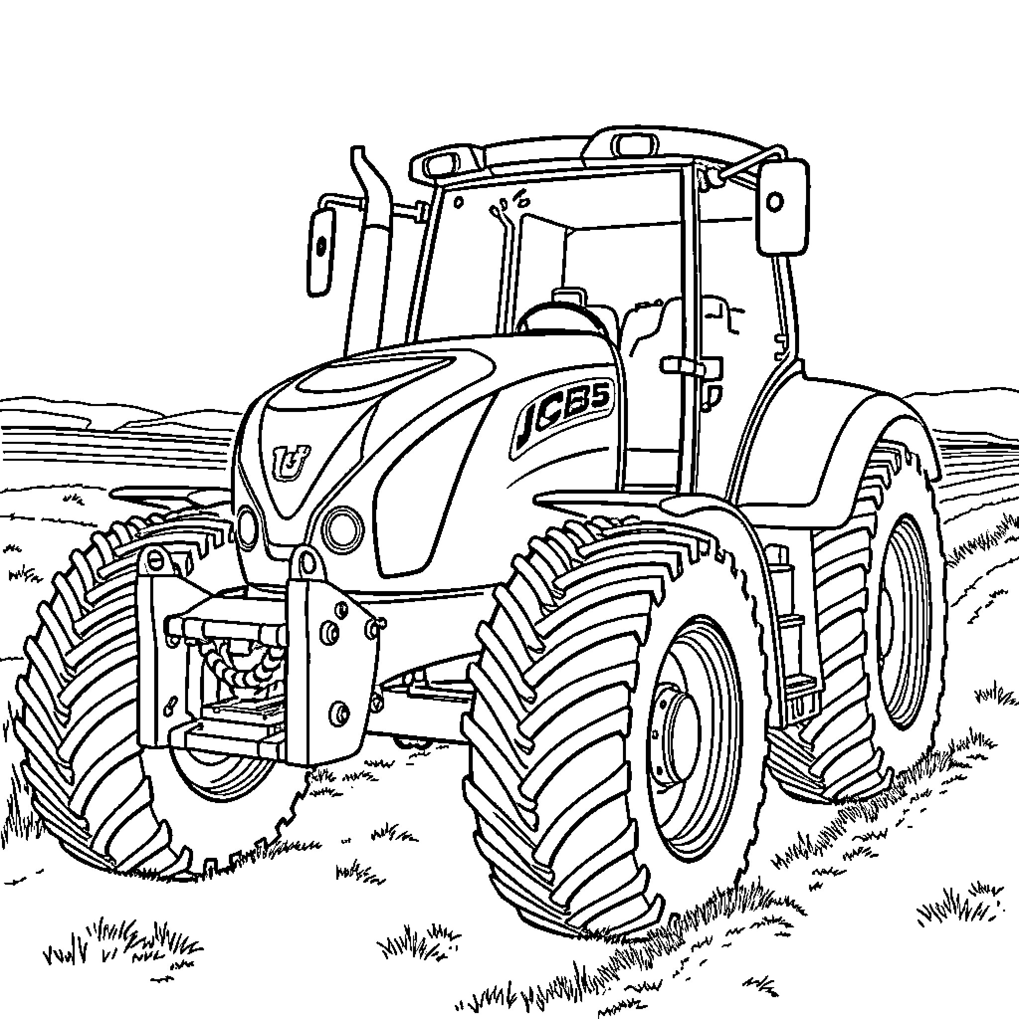 Jcb Fastrac tractor operating in a field Coloring Page (free black-and-white line drawing printable PDF for all, from beginners to advanced learners, including children, teens, adults, and seniors)