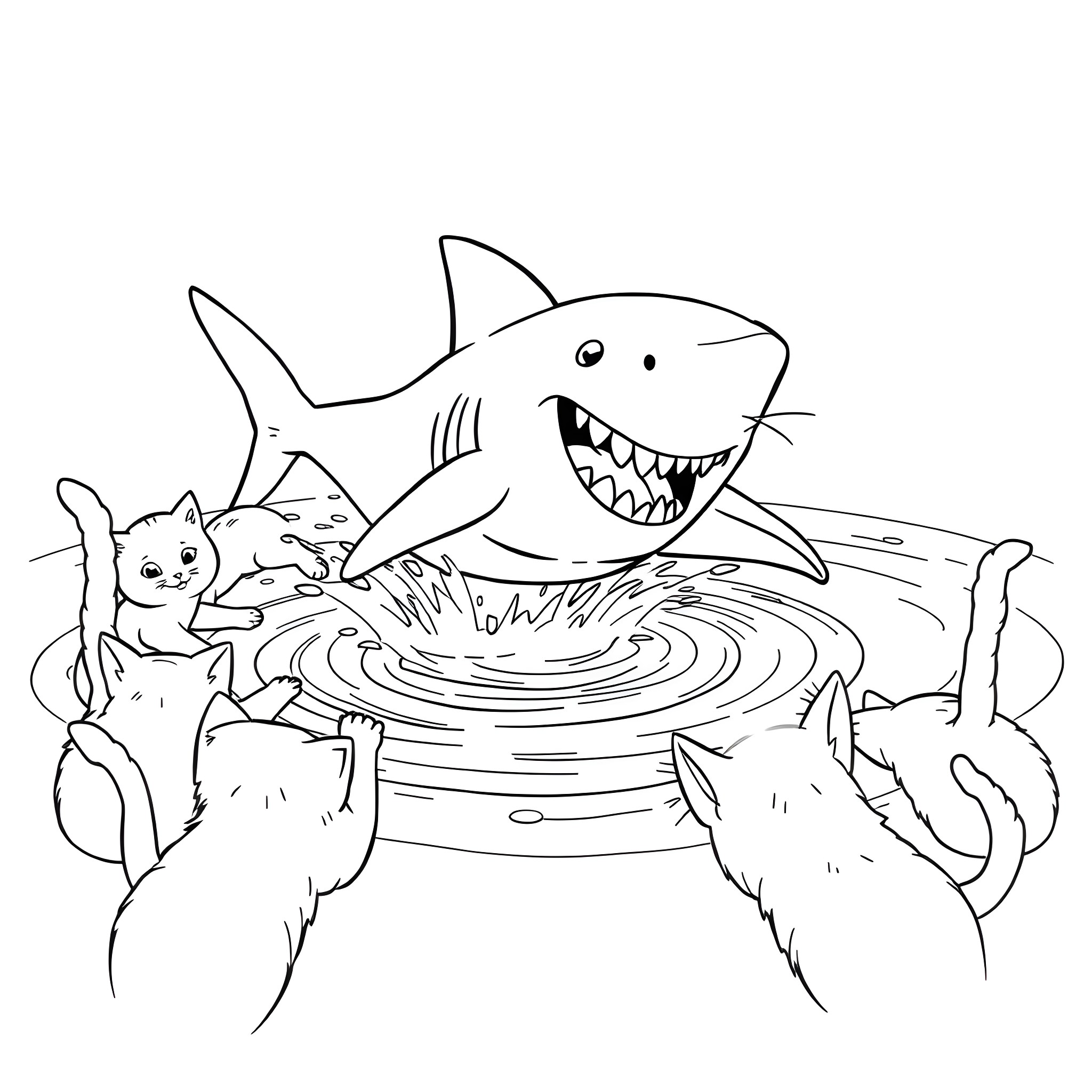 Baby Shark playing with curious kittens Coloring Page (free black-and-white line drawing printable PDF for all, from beginners to advanced learners, including children, teens, adults, and seniors)