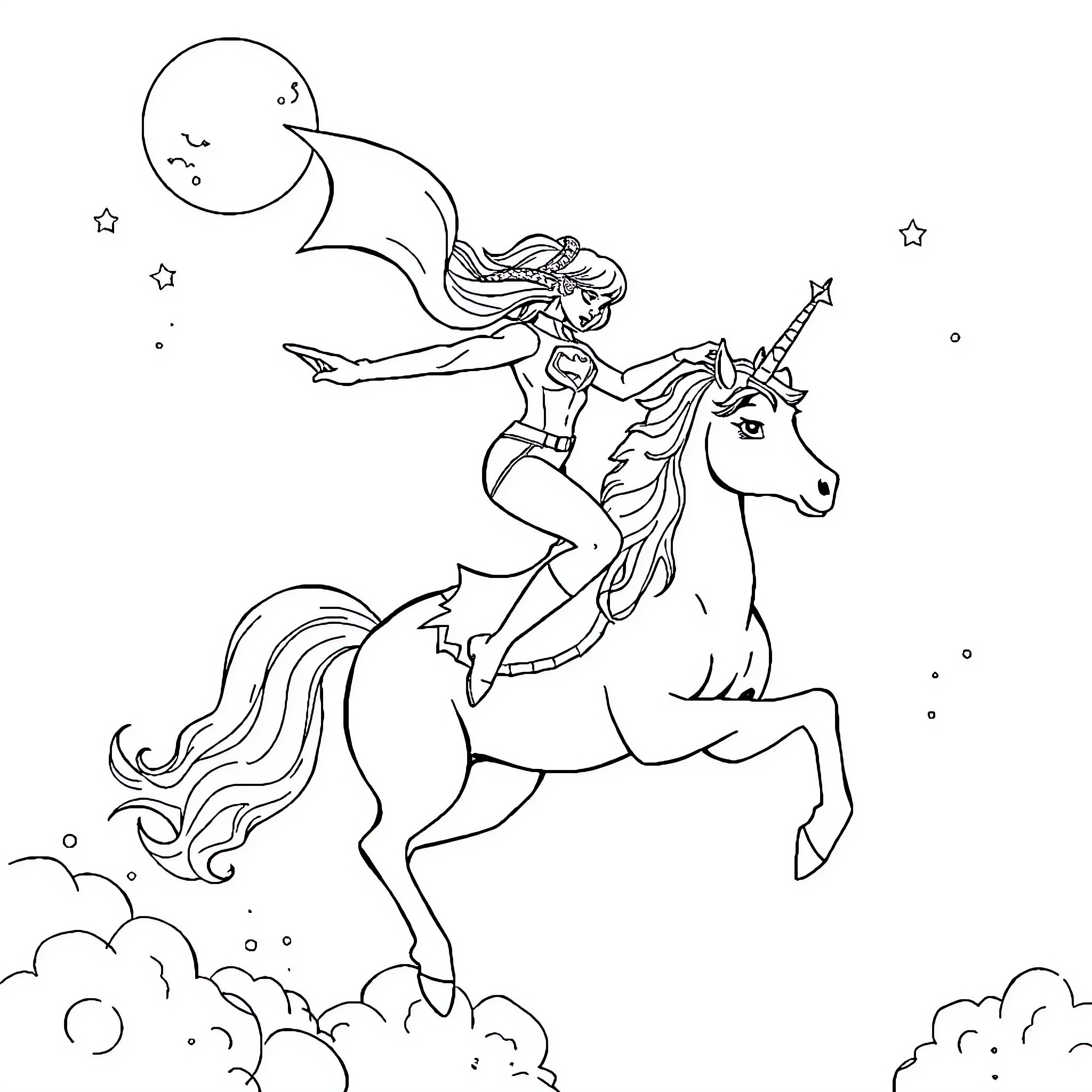 Miraculous Unicorn Rider's Celestial Adventure Coloring Page (free black-and-white line drawing printable PDF for all, from beginners to advanced learners, including children, teens, adults, and seniors)