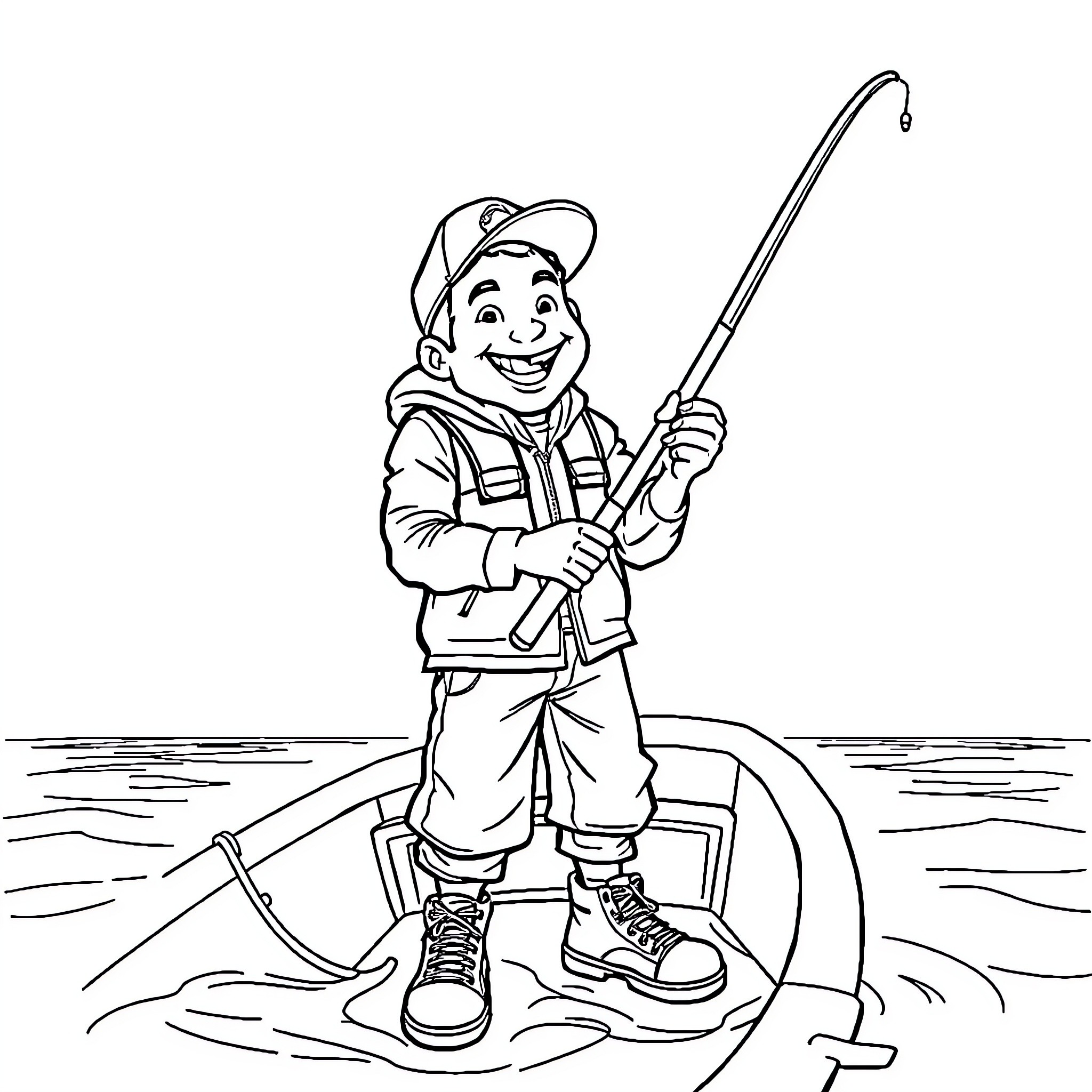 Jerimah the Adventurous Fisherman Coloring Page (free black-and-white line drawing printable PDF for all, from beginners to advanced learners, including children, teens, adults, and seniors)
