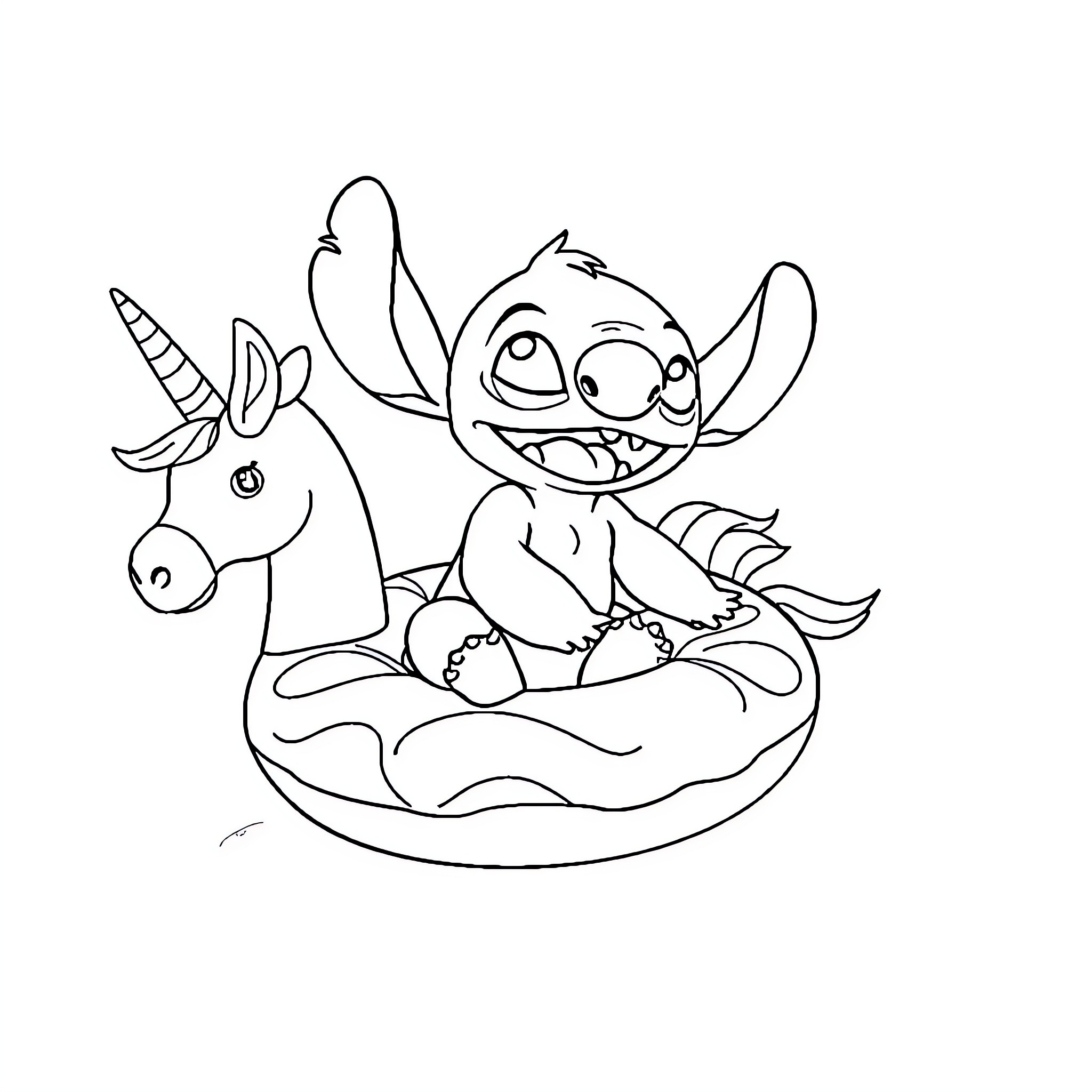 Stitch riding a unicorn in a pool float Coloring Page (free black-and-white line drawing printable PDF for all, from beginners to advanced learners, including children, teens, adults, and seniors)