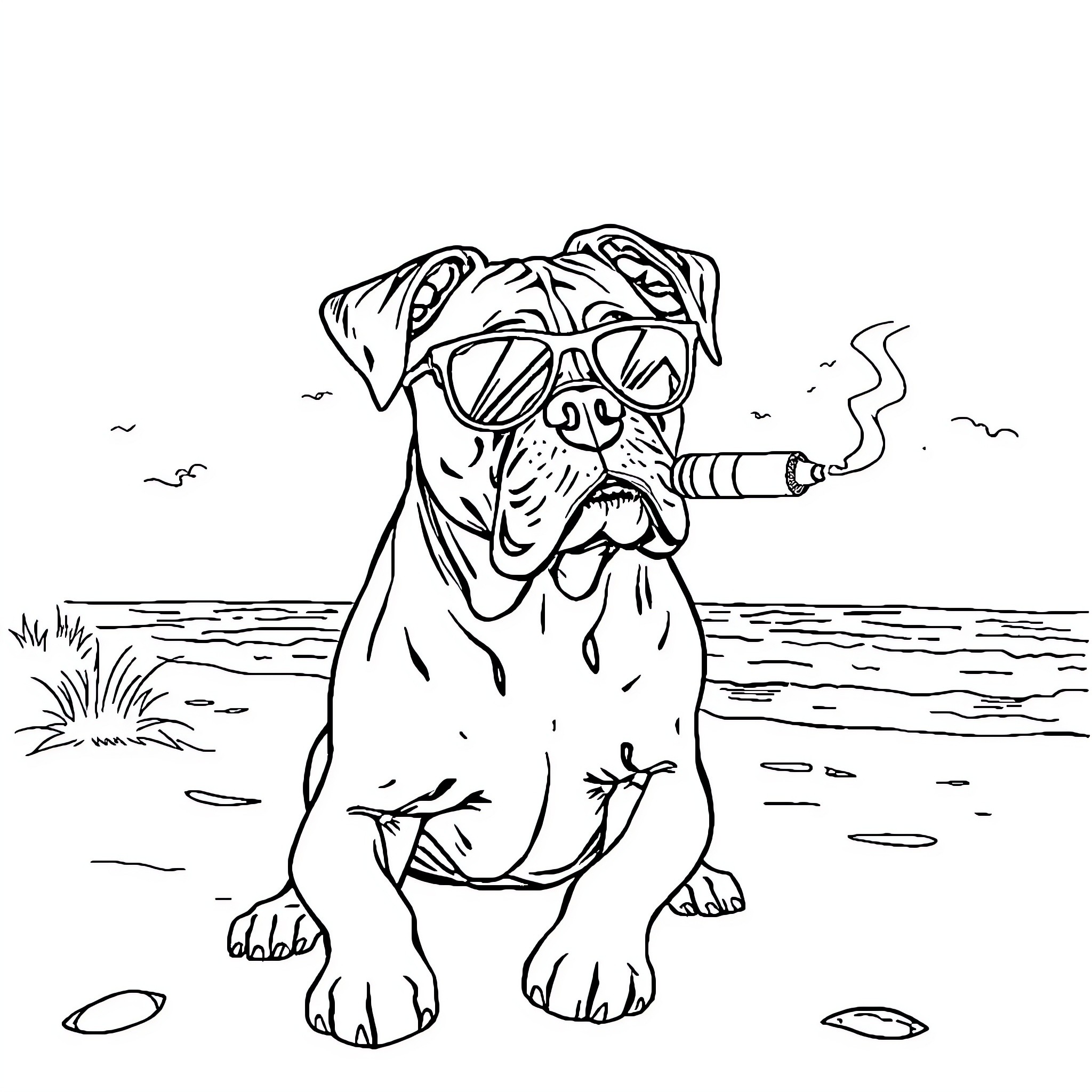 Boxer dog relaxing on the beach Coloring Page (free black-and-white line drawing printable PDF for all, from beginners to advanced learners, including children, teens, adults, and seniors)