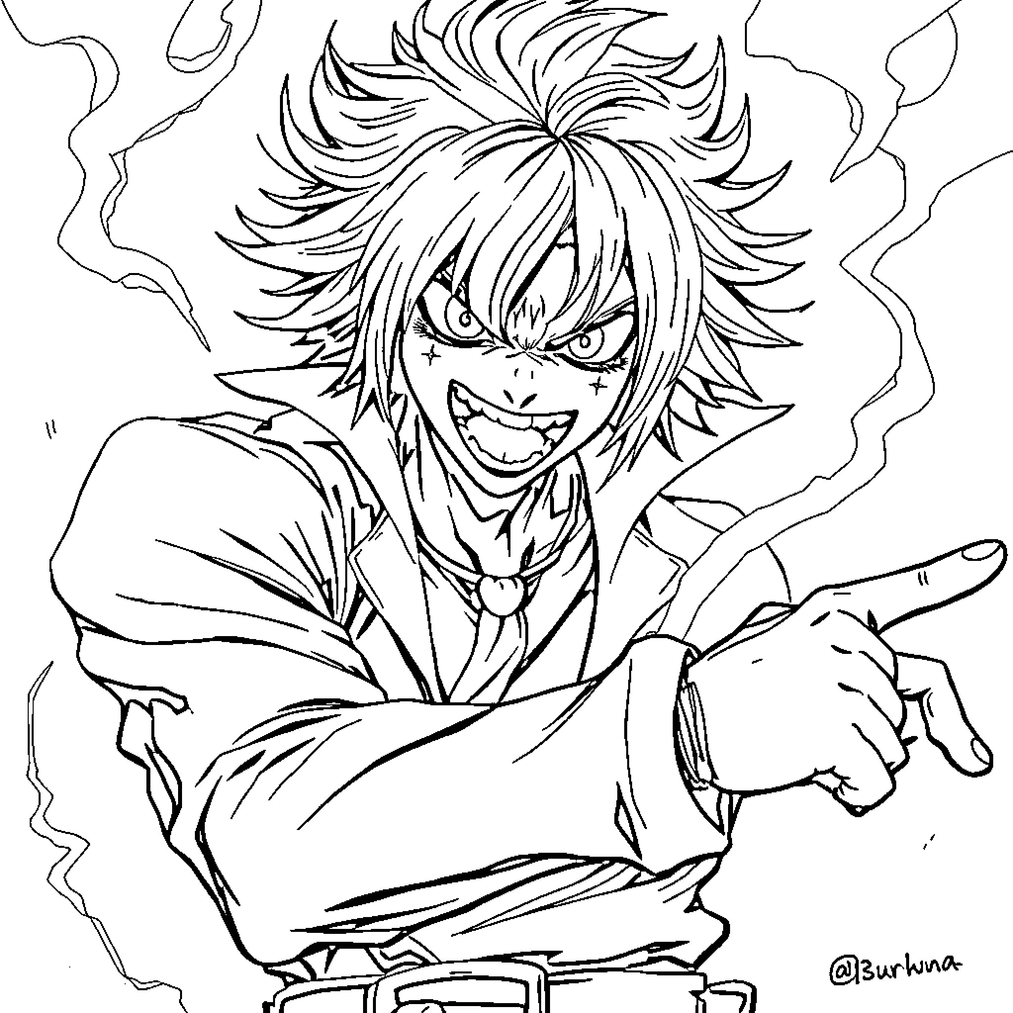 Sukuna's Fearsome Presence: Unleashed Fury and Menacing Gaze Coloring Page (free black-and-white line drawing printable PDF for all, from beginners to advanced learners, including children, teens, adults, and seniors)
