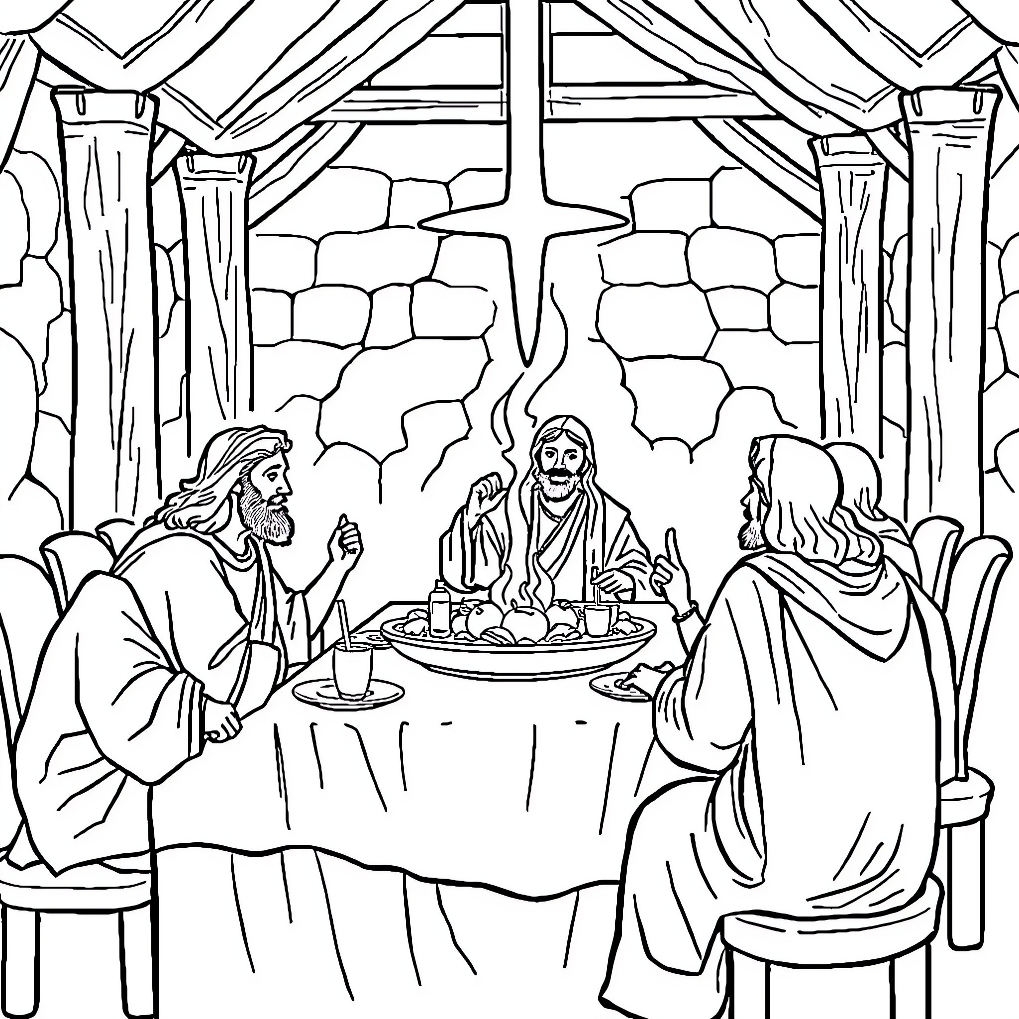 Last Supper: Disciples gathered for a solemn meal Coloring Page (free black-and-white line drawing printable PDF for all, from beginners to advanced learners, including children, teens, adults, and seniors)