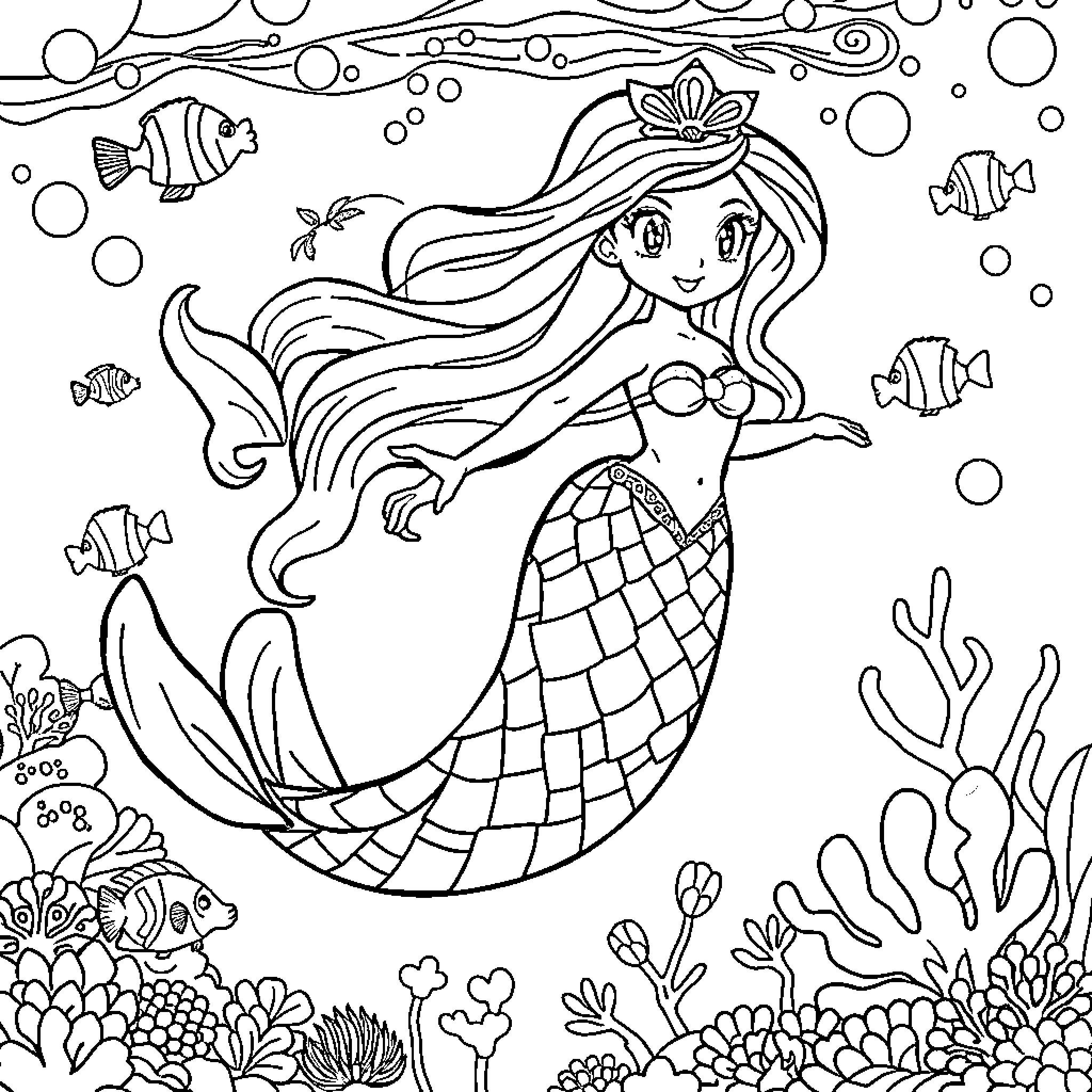 Numberblock Mermaid swimming with colorful fish Coloring Page (free black-and-white line drawing printable PDF for all, from beginners to advanced learners, including children, teens, adults, and seniors)