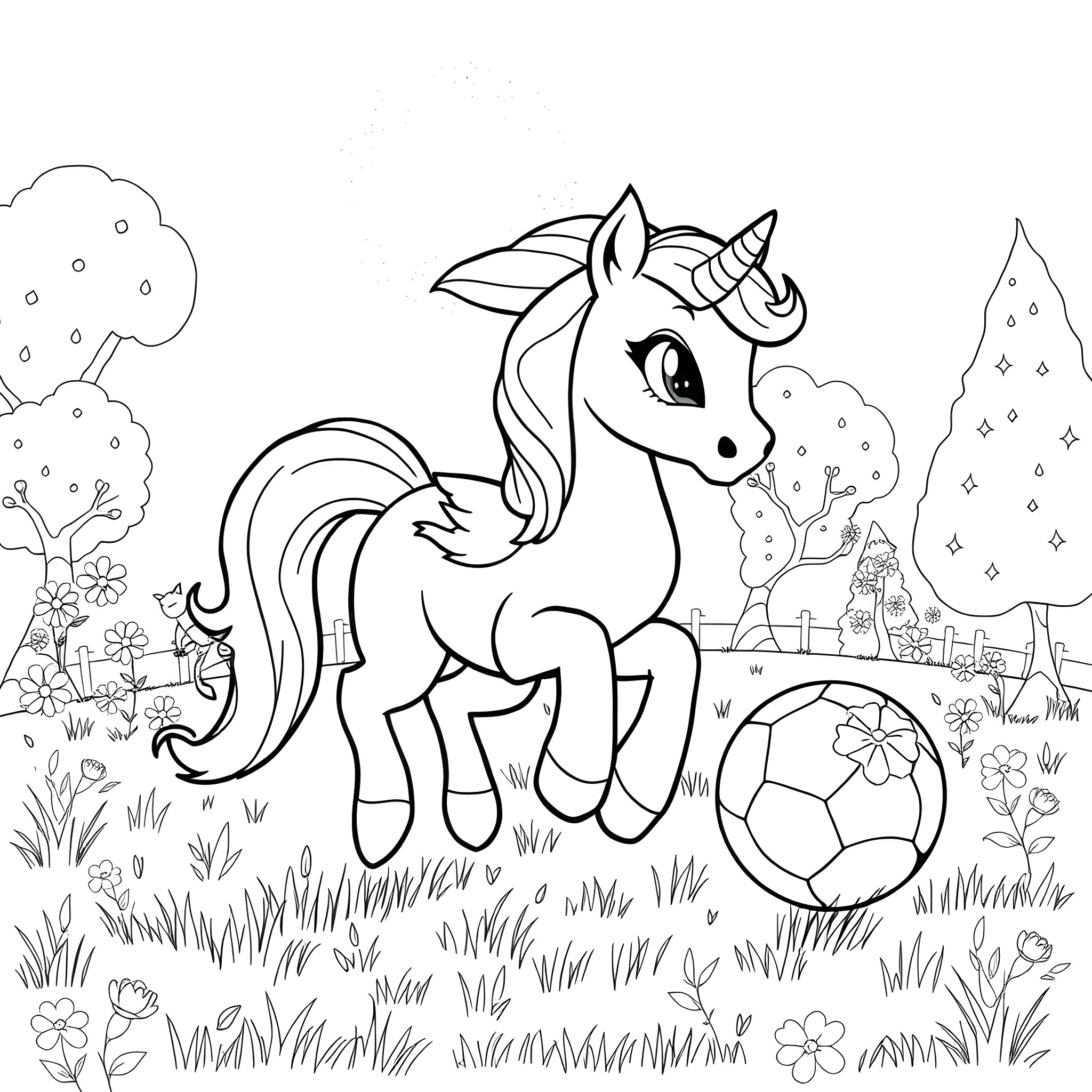Pony playing with a soccer ball in a magical field Coloring Page (free black-and-white line drawing printable PDF for all, from beginners to advanced learners, including children, teens, adults, and seniors)