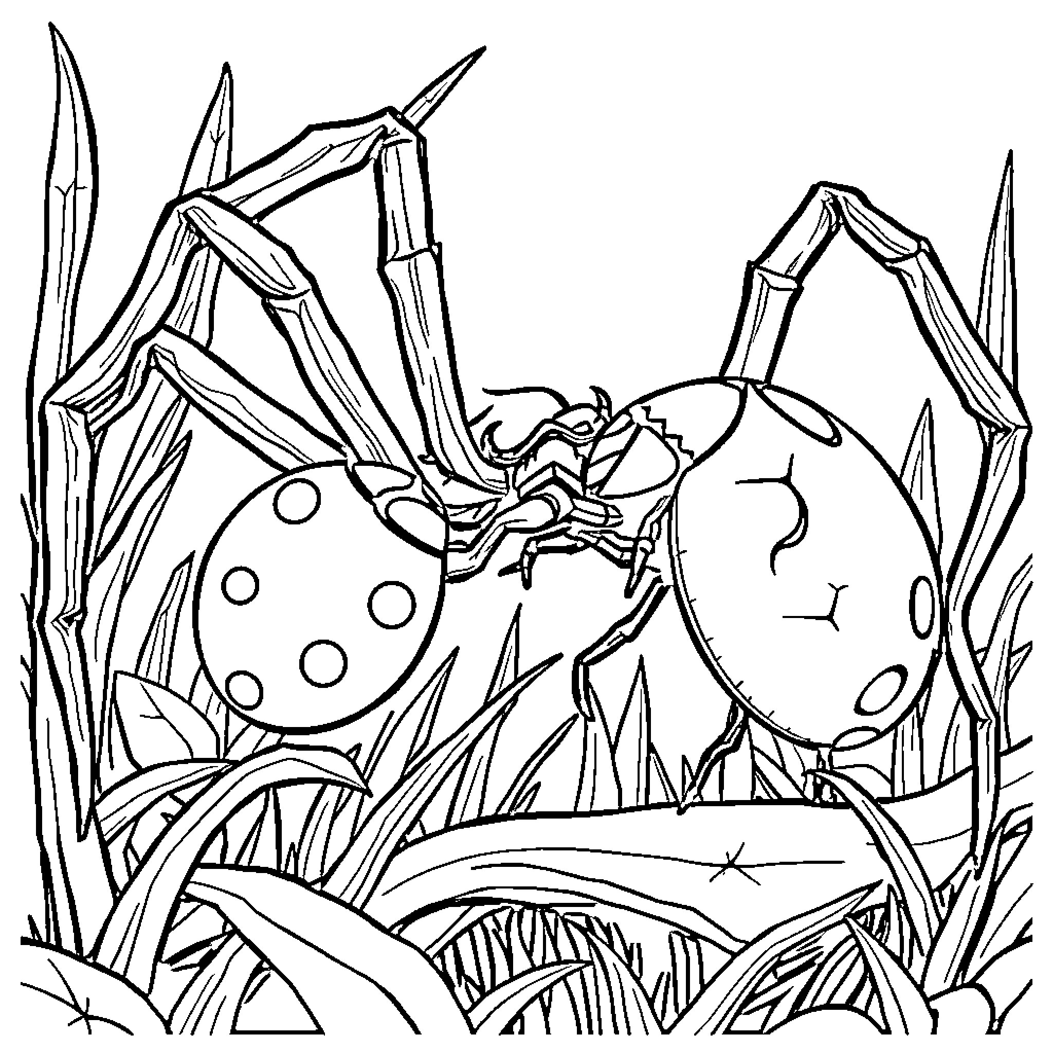 Ladybug crawling amongst grass and rocks Coloring Page (free black-and-white line drawing printable PDF for all, from beginners to advanced learners, including children, teens, adults, and seniors)