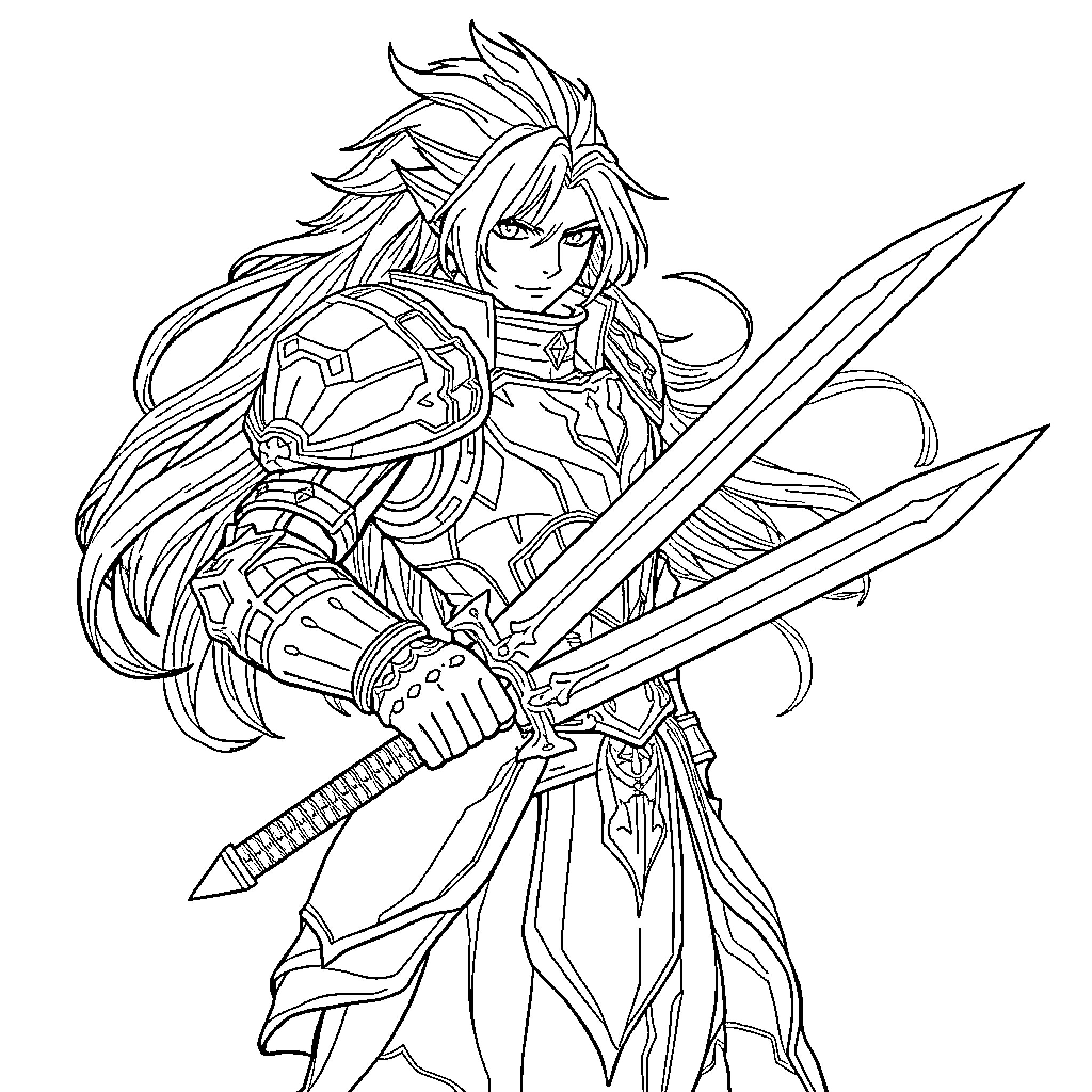 Final Fantasy Character wielding swords in combat stance Coloring Page (free black-and-white line drawing printable PDF for all, from beginners to advanced learners, including children, teens, adults, and seniors)