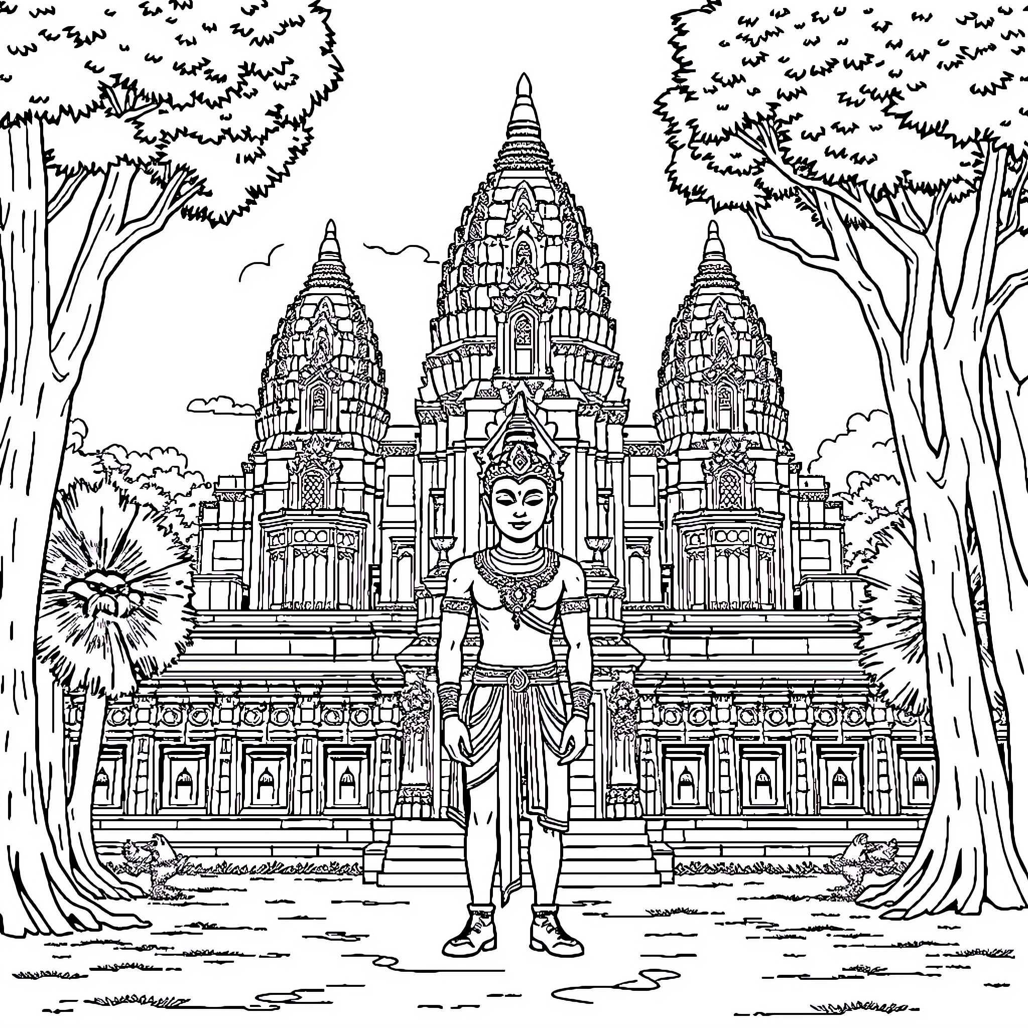 Labubu's Journey to the Ancient Temples Coloring Page (free black-and-white line drawing printable PDF for all, from beginners to advanced learners, including children, teens, adults, and seniors)