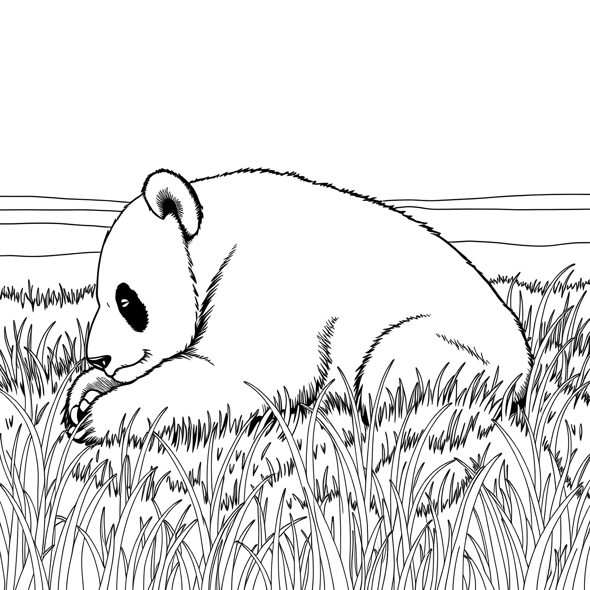 Panda resting peacefully in the grass Coloring Page (free black-and-white line drawing printable PDF for all, from beginners to advanced learners, including children, teens, adults, and seniors)