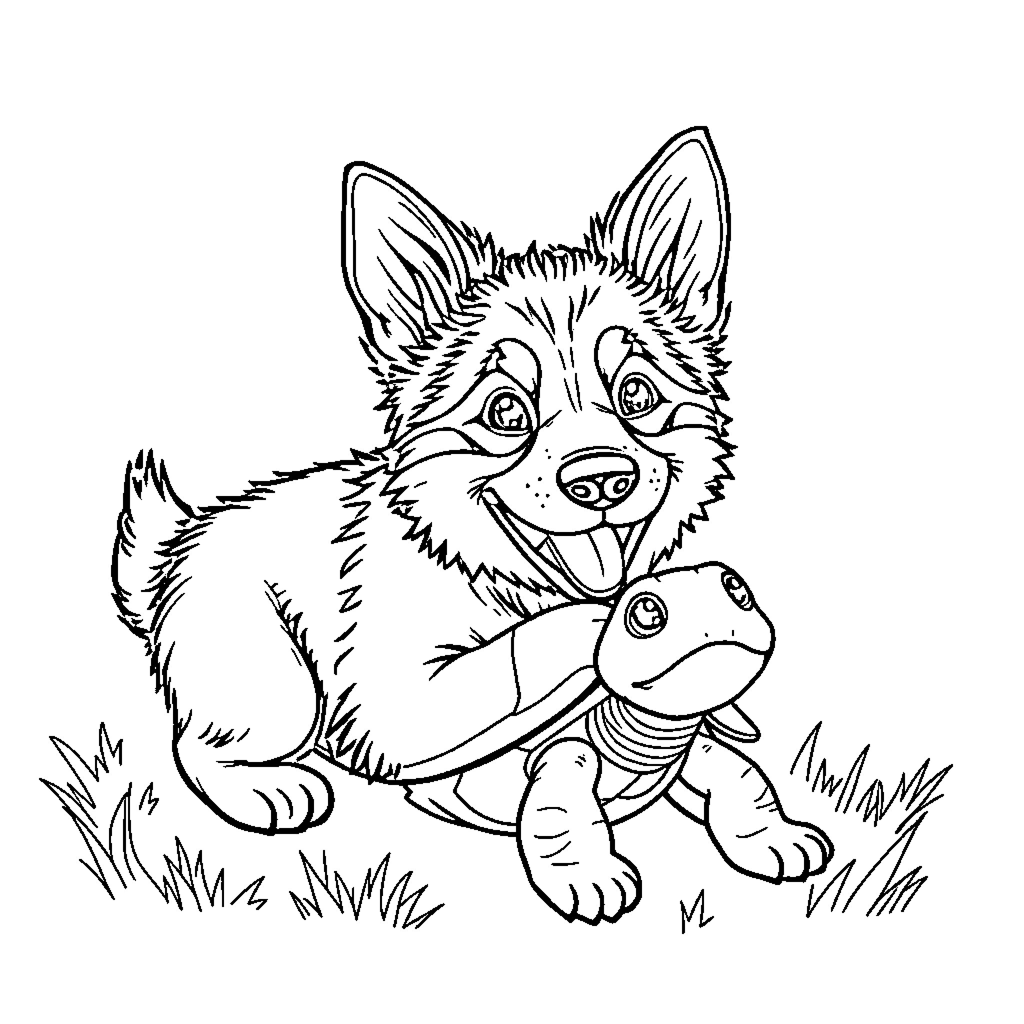 Dog playing with toy in grassy field Coloring Page (free black-and-white line drawing printable PDF for all, from beginners to advanced learners, including children, teens, adults, and seniors)