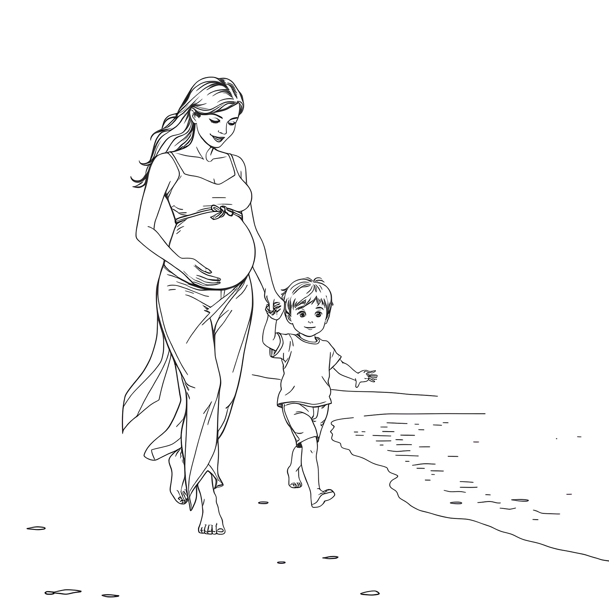 Mother and child walking along the beach Coloring Page (free black-and-white line drawing printable PDF for all, from beginners to advanced learners, including children, teens, adults, and seniors)