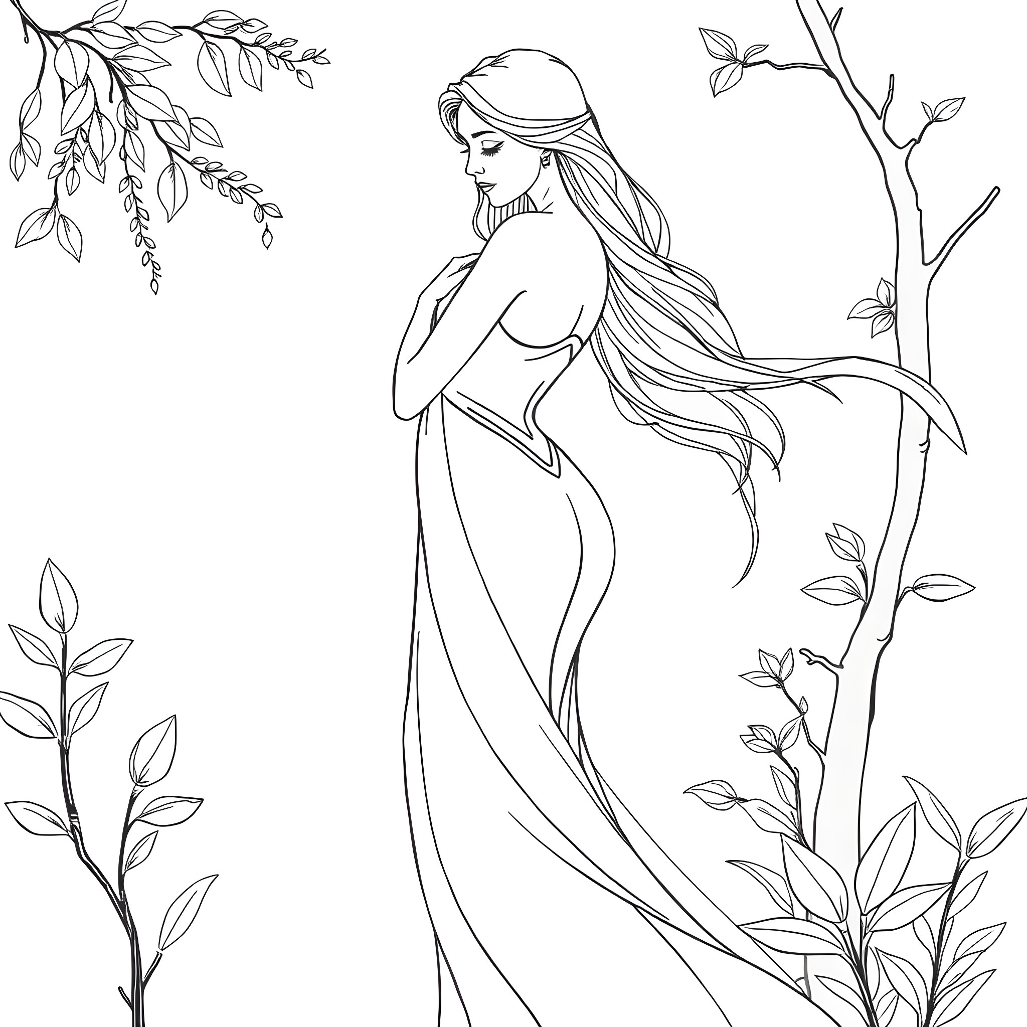 Woman in flowing dress amongst nature Coloring Page (free black-and-white line drawing printable PDF for all, from beginners to advanced learners, including children, teens, adults, and seniors)