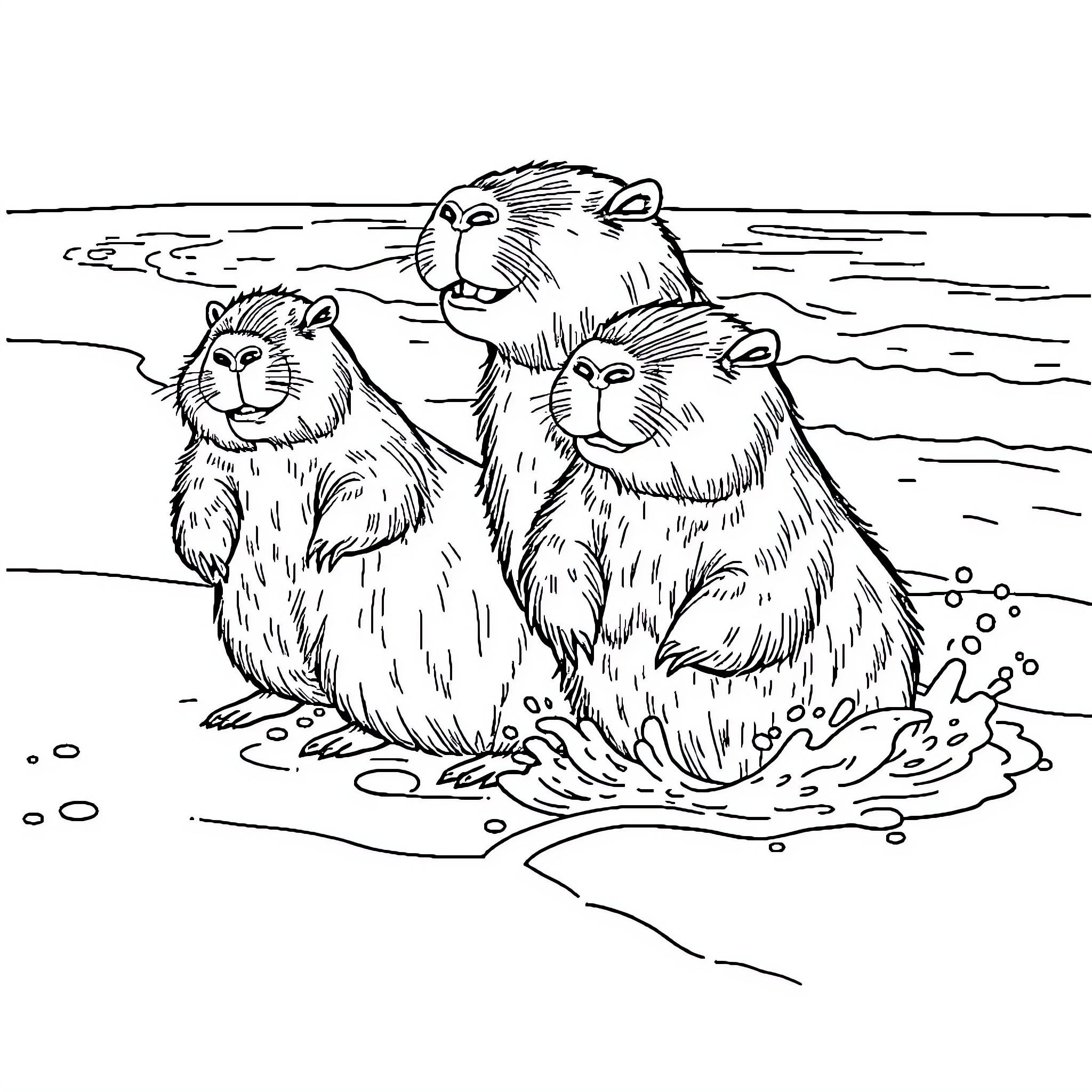 Capybara family relaxing in the water Coloring Page (free black-and-white line drawing printable PDF for all, from beginners to advanced learners, including children, teens, adults, and seniors)