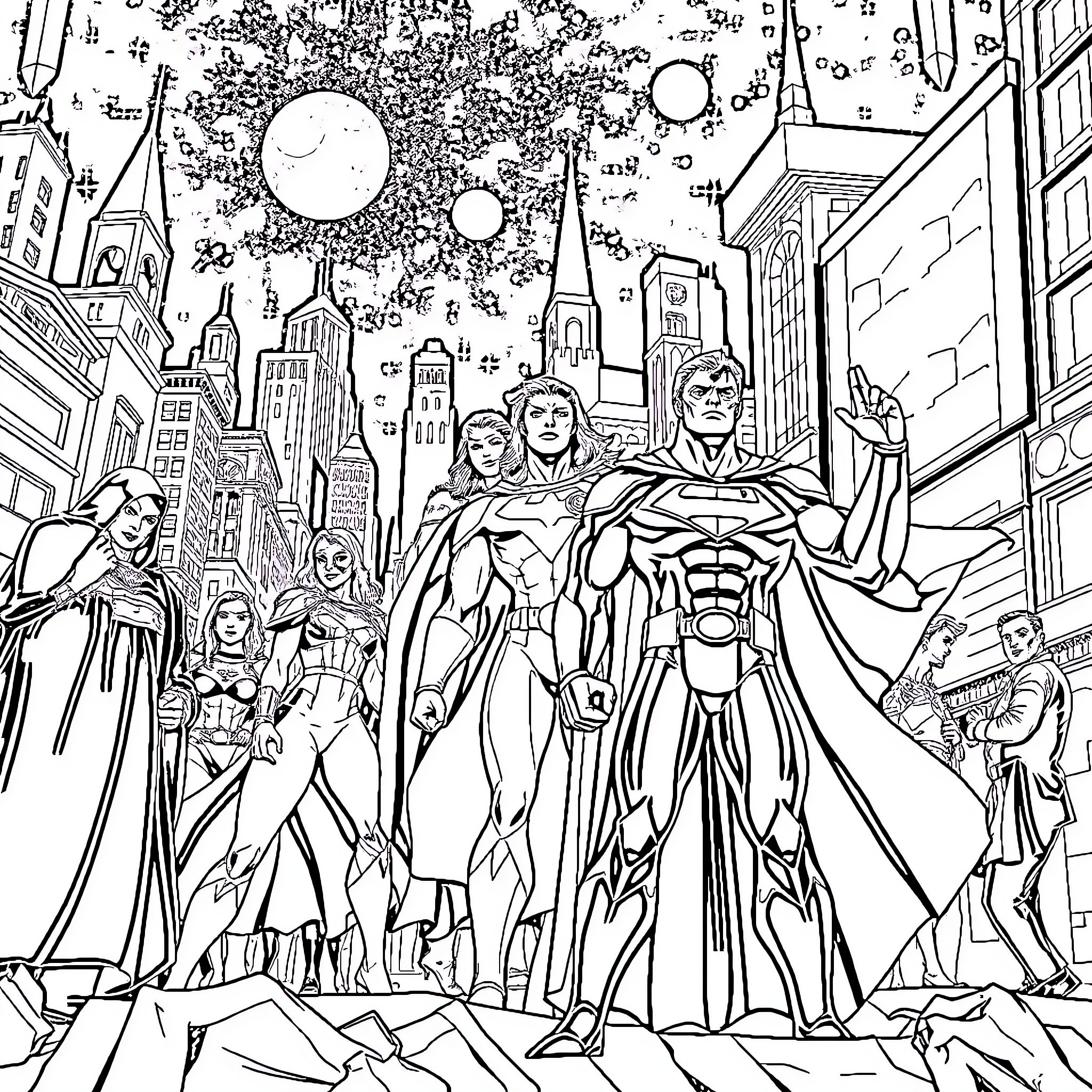 Superhéroe Ensemble in Action-Packed City Scene Coloring Page (free black-and-white line drawing printable PDF for all, from beginners to advanced learners, including children, teens, adults, and seniors)