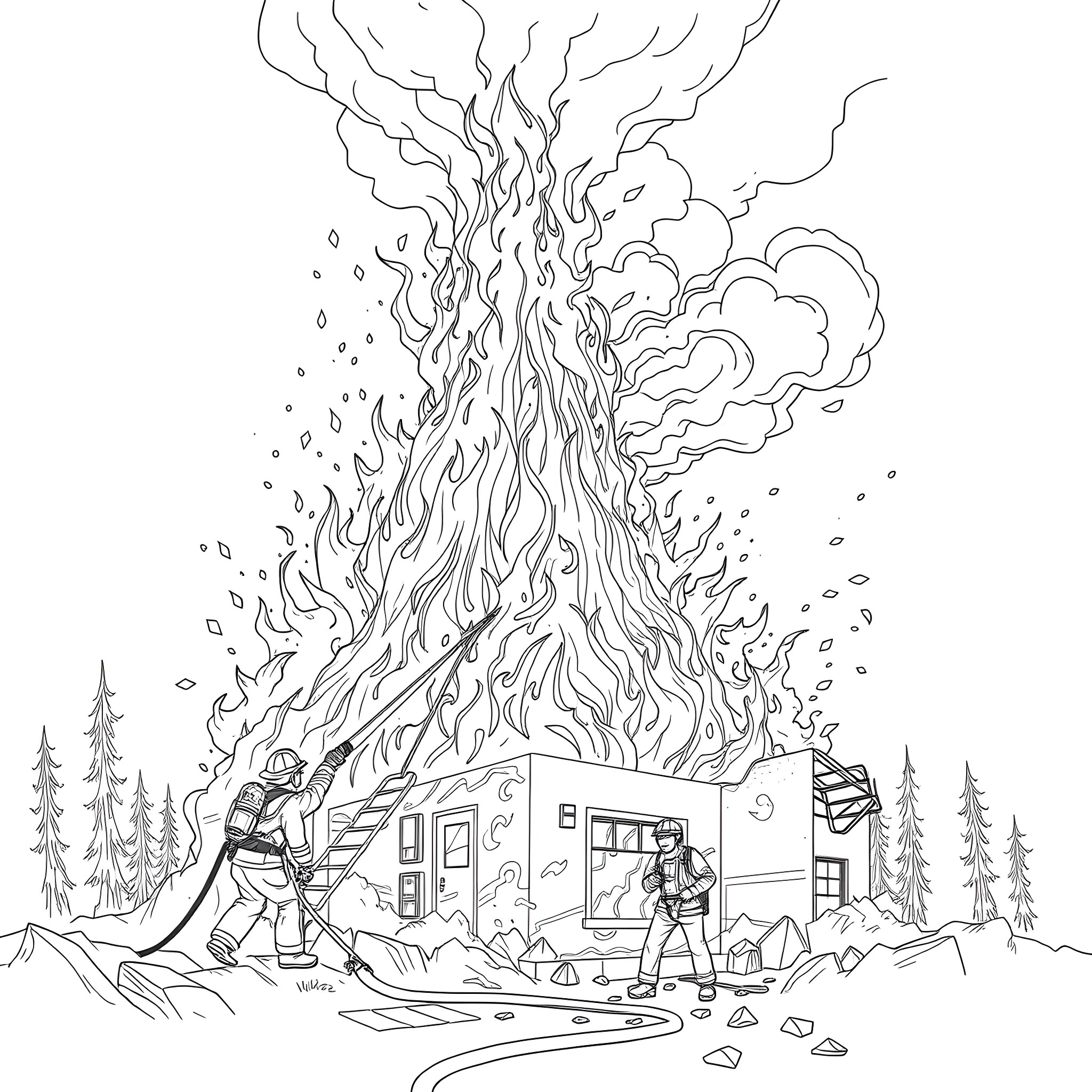 Firefighters battling a large blaze in a rural setting Coloring Page (free black-and-white line drawing printable PDF for all, from beginners to advanced learners, including children, teens, adults, and seniors)