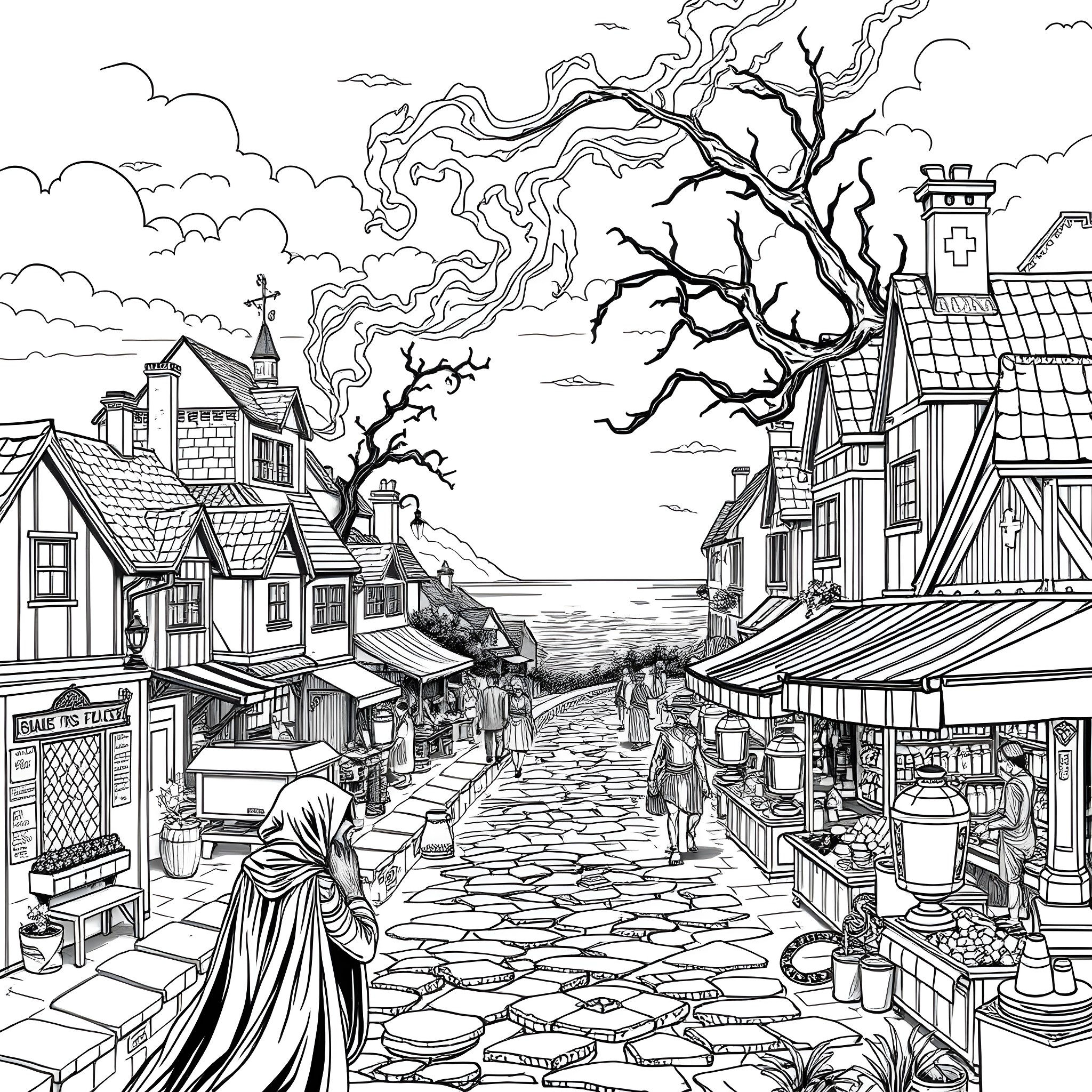 Corpse Collector Navigates Haunting Alleyway Coloring Page (free black-and-white line drawing printable PDF for all, from beginners to advanced learners, including children, teens, adults, and seniors)